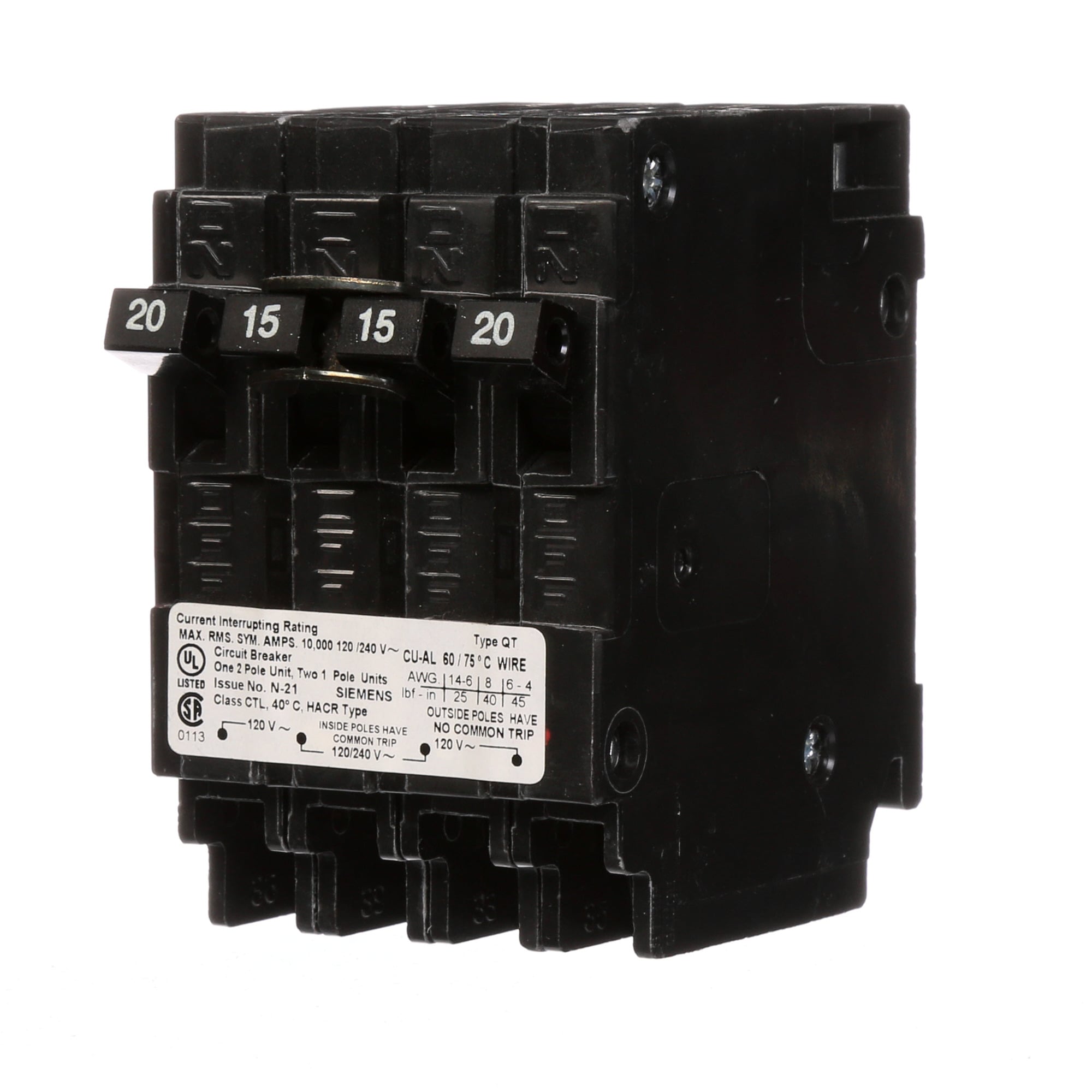 Q22015CT Low Voltage Miniature Residential Triplex Molded Case Circuit Breaker, 120/240 V AC, 20 to 15 A, 10 kA Interrupt, 3 Poles, Thermal Magnetic Trip
