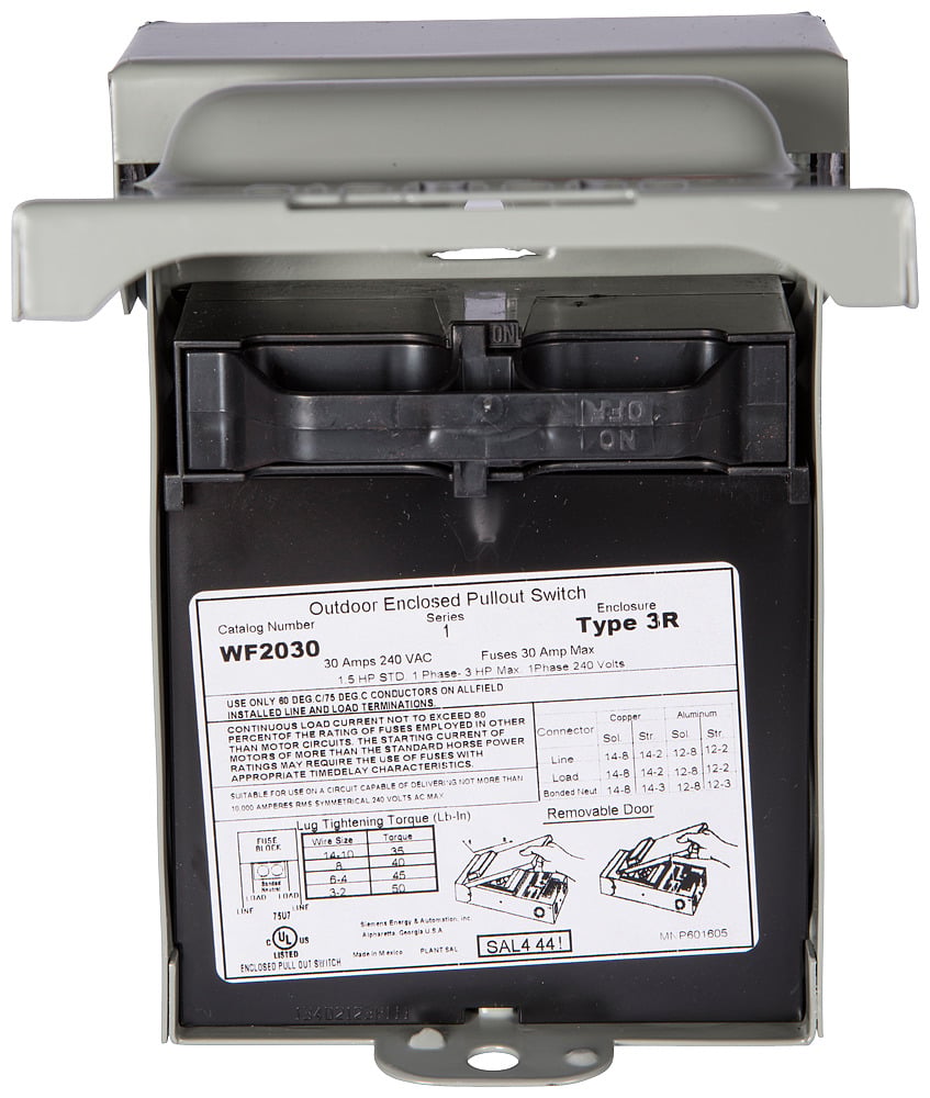 WF2030GFCI Murray Type QP/MP Fused Pull-Out Air Conditioning Disconnect With GFCI Receptacle, 120/240 VAC, 10 A, 3 hp, 2 Poles