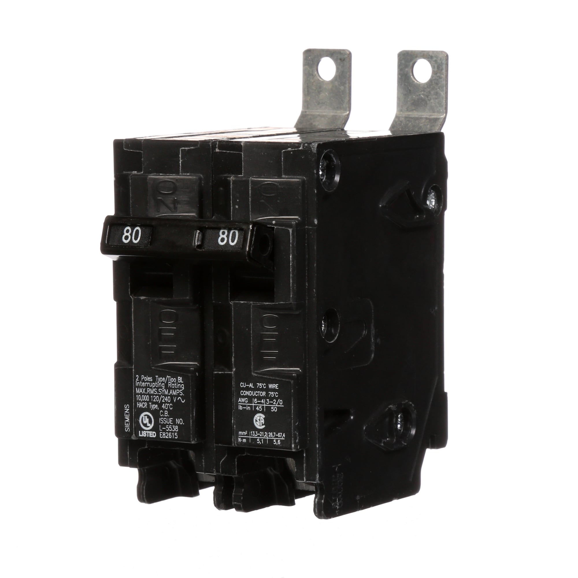 B280 Type BL Molded Case Circuit Breaker, 120/240 V AC, 80 A, 10 kA Interrupt, 2 Poles, Thermal Magnetic Trip