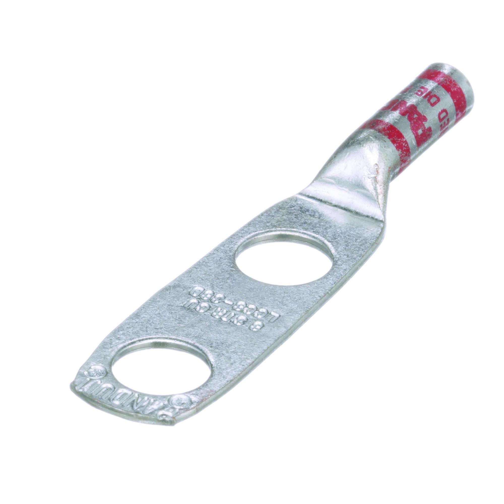 LCC8-38D-L Pan-Lug LCC-W 2-Hole Compression Connector Lug, 8 AWG Stranded Copper Conductor, Die Code: P21, 3/8 in Stud, Tin Plated Copper
