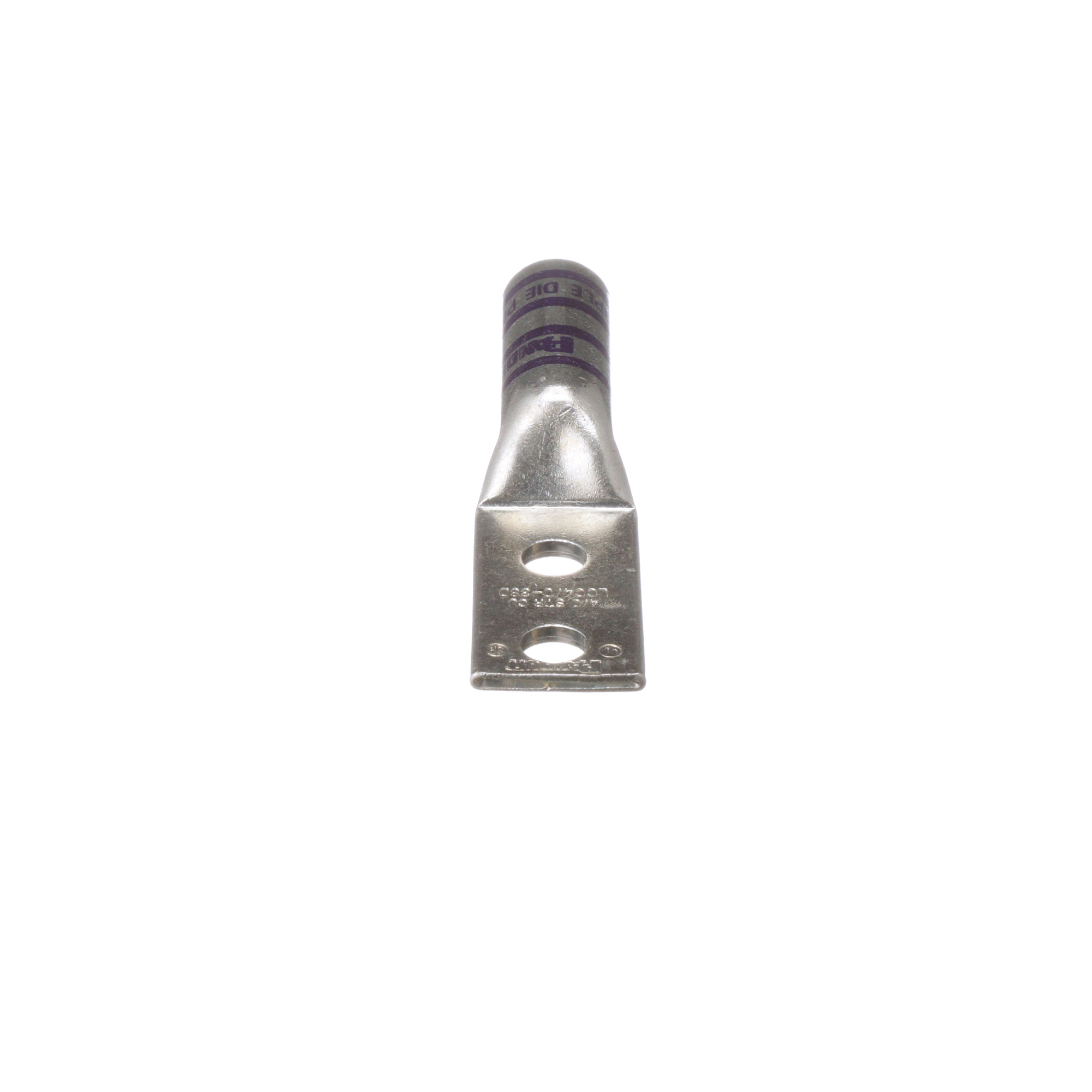 LCC4/0-38D-X Pan-Lug 2-Hole Compression Connector Lug, 4/0 AWG Stranded Copper Conductor, Die Code: P54, 3/8 in Stud, Tin Plated Copper