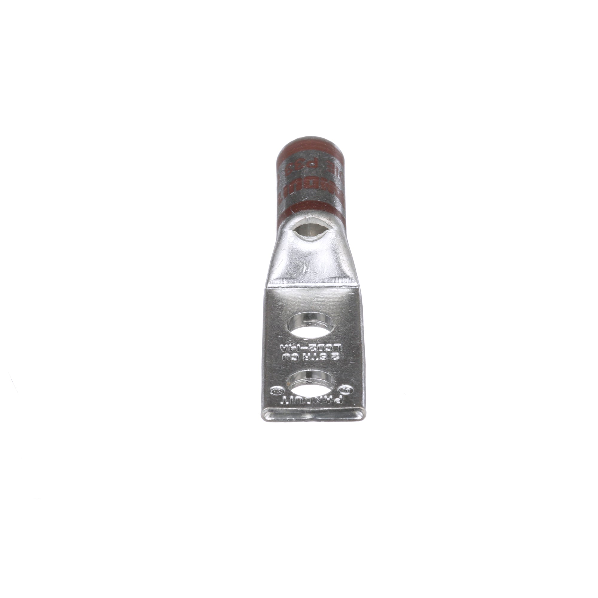 LCD2-14A-Q Pan-Lug 2-Hole Compression Lug Connector With Inspection Window, 2 AWG Stranded Copper Conductor, Die Code: P33, 1/4 in Stud, Tin Plated Copper