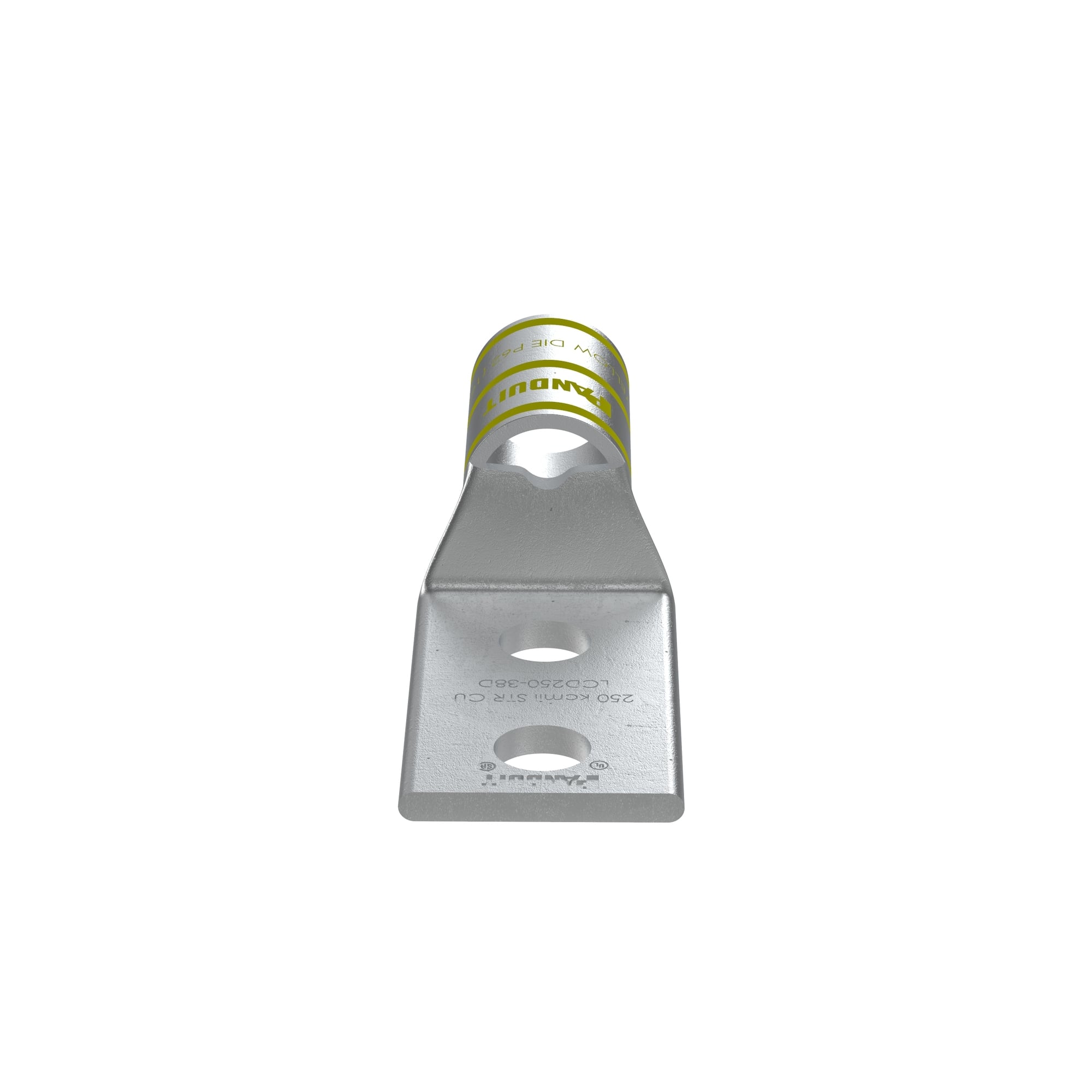 LCD250-38D-X Pan-Lug 2-Hole Compression Lug Connector With Inspection Window, 250 kcmil Stranded Copper Conductor, Die Code: P62, 3/8 in Stud, Tin Plated Copper