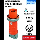 125 Amp, 200/346-240/415 Volt, IEC 309-1 & 309-2, 4P, 5W, International-Rated Pin & Sleeve Plug, Industrial Grade, IP67, Watertight - Red