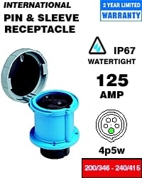 5125R6W Watertight Pin and Sleeve Receptacle, 200/346 to 240/415 VAC, 125 A, 4 Poles, 5 Wires, Red