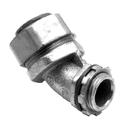 449-SLT Bridgeport Liquid Tight Conduit Connector, 3/8 in Trade, 45 deg, Malleable Iron, Electro-Plated Zinc