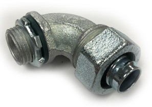 470-SLT Bridgeport Liquid Tight Conduit Connector, 1/2 in Trade, 90 deg, Malleable Iron, Electro-Plated Zinc