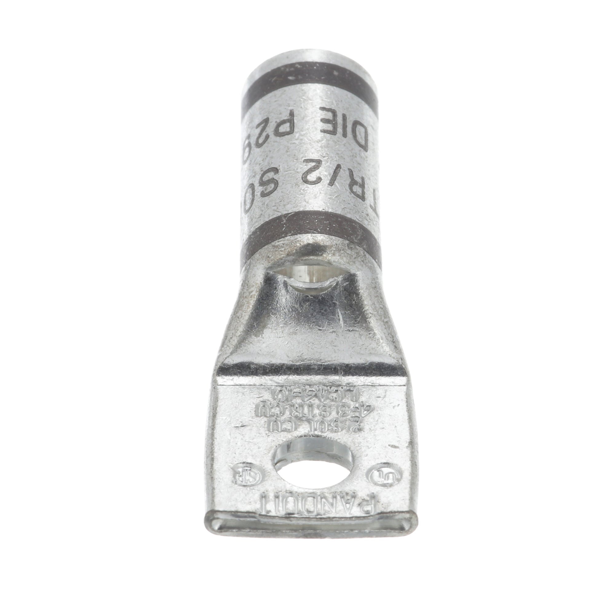 LCA4-10-L Pan-Lug LCA 1-Hole Compression Connector Lug With Inspection Window, 4 to 3 AWG, 2 AWG Solid Copper Conductor, Die Code: P29, 0.19 in Stud, Tin Plated Copper