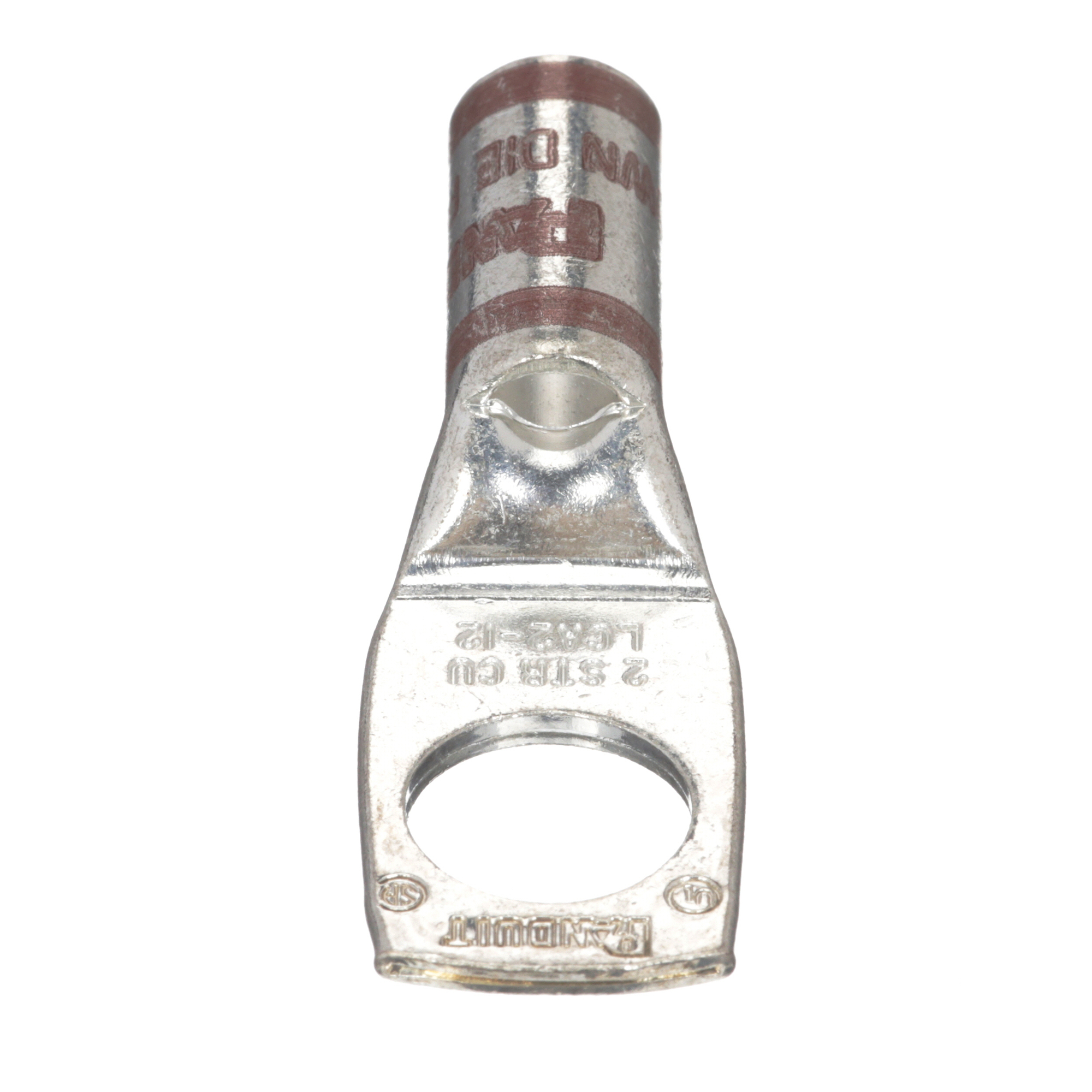 LCA2-12-Q Pan-Lug 1-Hole Compression Connector Lug, 2 AWG Stranded Copper Conductor, Die Code: P33, 1/2 in Stud, Tin Plated Copper