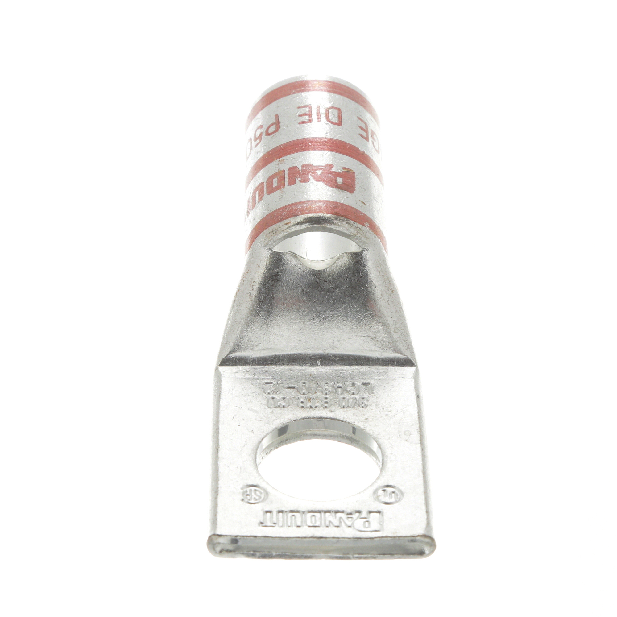 LCA3/0-12-X Pan-Lug 1-Hole Compression Lug Connector With Inspection Window, 3/0 AWG Stranded Copper Conductor, Die Code: P50, 1/2 in Stud, Tin Plated Copper