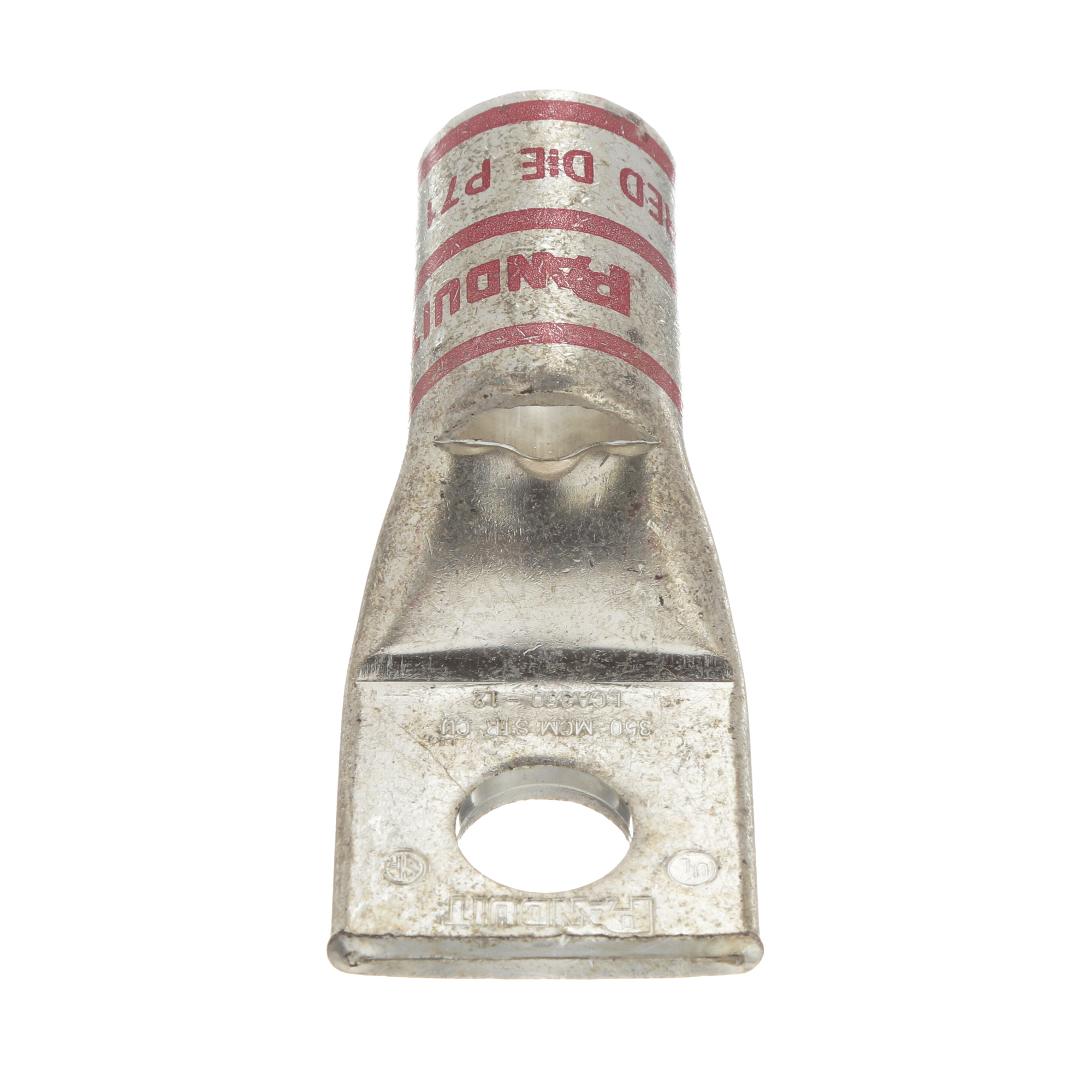 LCA350-12-X Pan-Lug 1-Hole Compression Connector Lug, 350 kcmil Stranded Copper Conductor, Die Code: P71, 1/2 in Stud, Tin Plated Copper