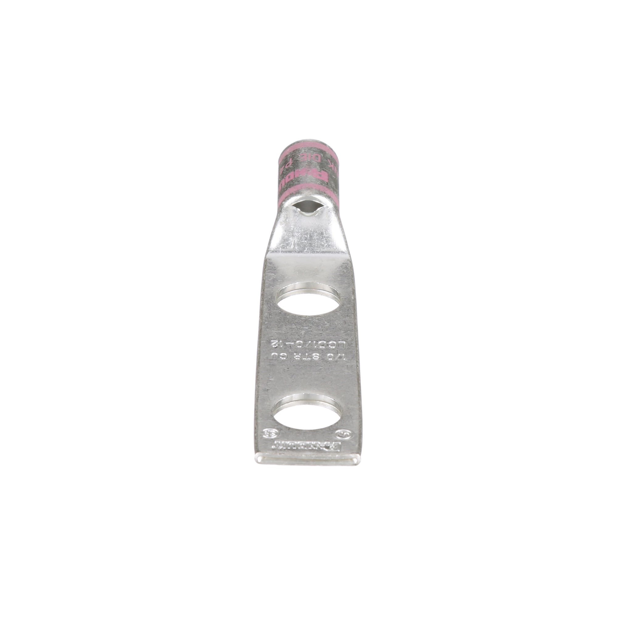 LCD1/0-12-X Pan-Lug 2-Hole Compression Connector Lug, 1/0 AWG Stranded Copper Conductor, Die Code: P42, 42.767 in Stud, Tin Plated Copper