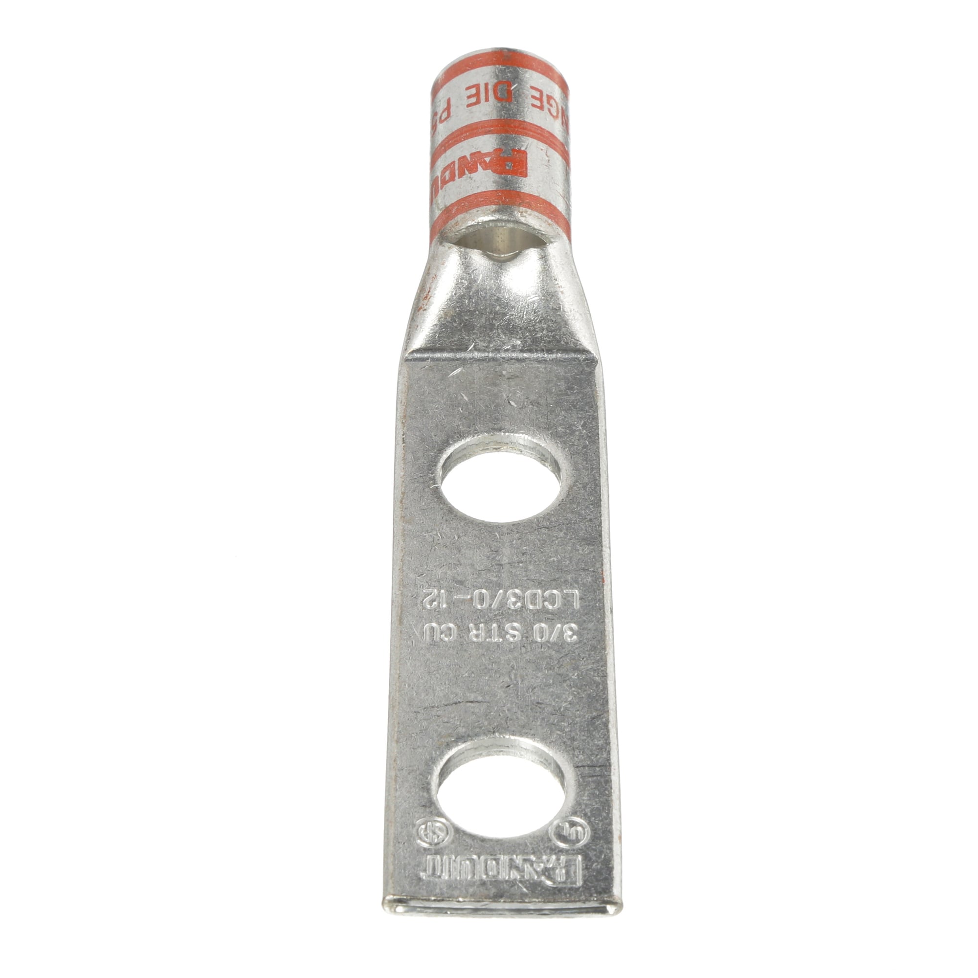 LCD3/0-12-X Pan-Lug 2-Hole Compression Lug, 3/0 AWG Stranded Copper Conductor, Die Code: P50, 1/2 in Stud, Copper