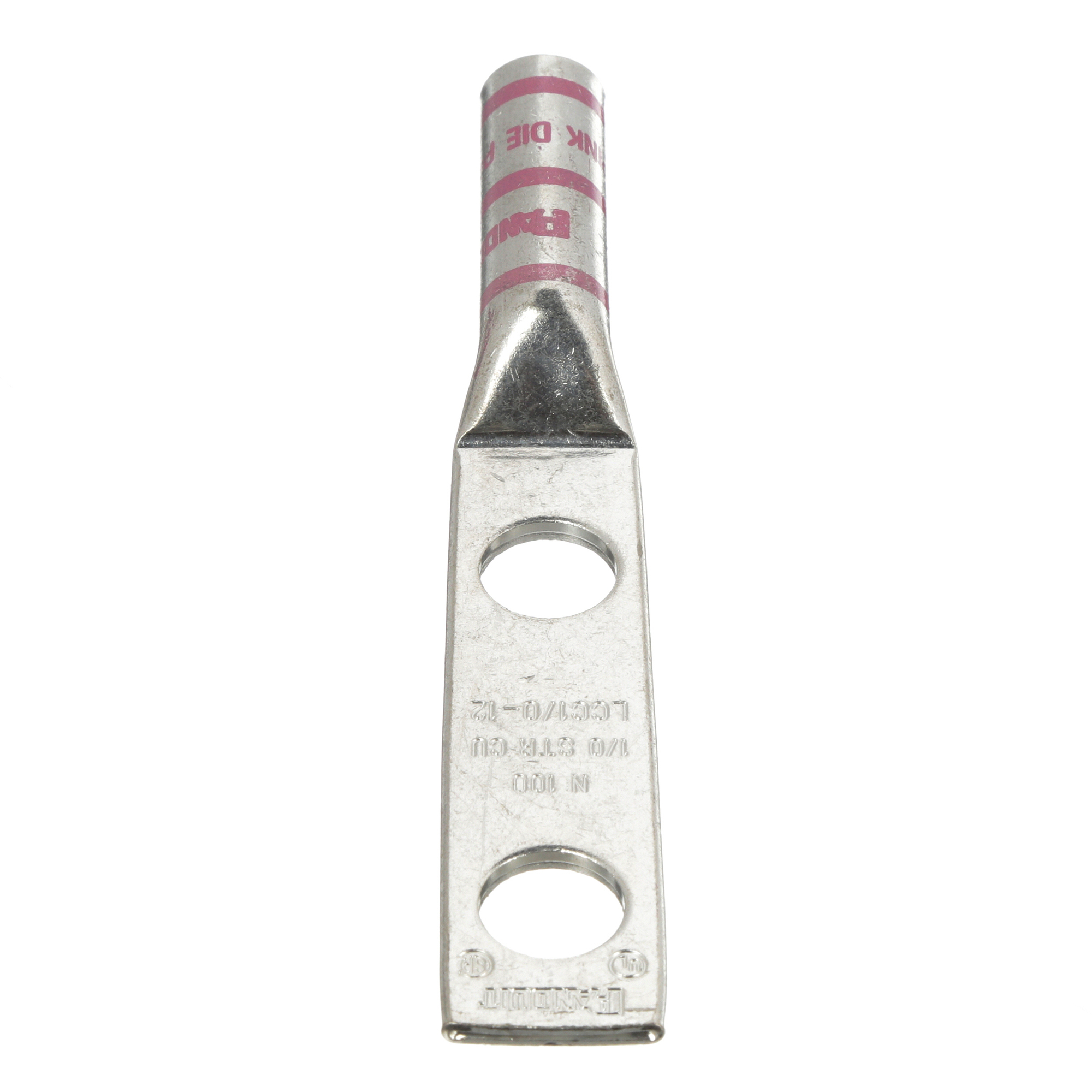 LCC1/0-12-X Pan-Lug 2-Hole Compression Connector Lug, 1/0 AWG Stranded Copper Conductor, Die Code: P42, 1/2 in Stud, Tin Plated Copper