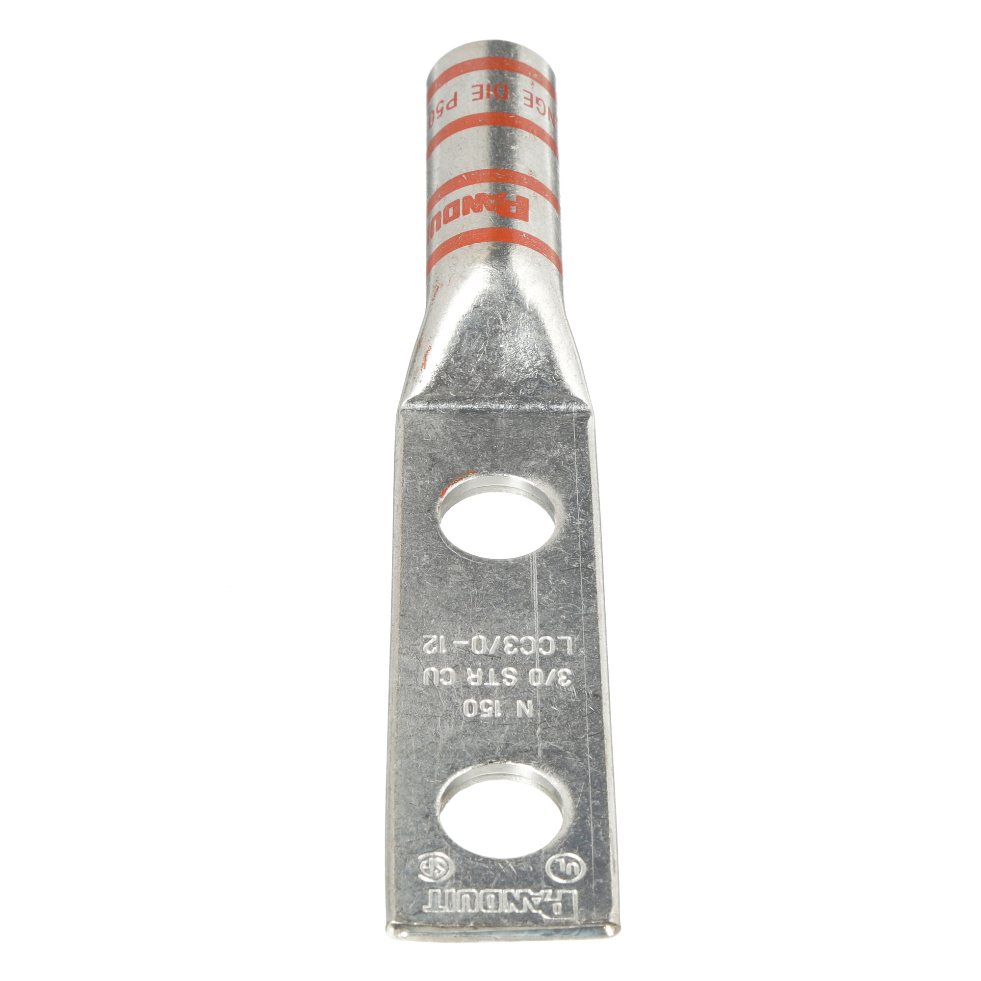 LCC3/0-12-X Pan-Lug 2-Hole Compression Lug, 3/0 AWG Stranded Copper Conductor, Die Code: P50, 42.767 in Stud, Copper
