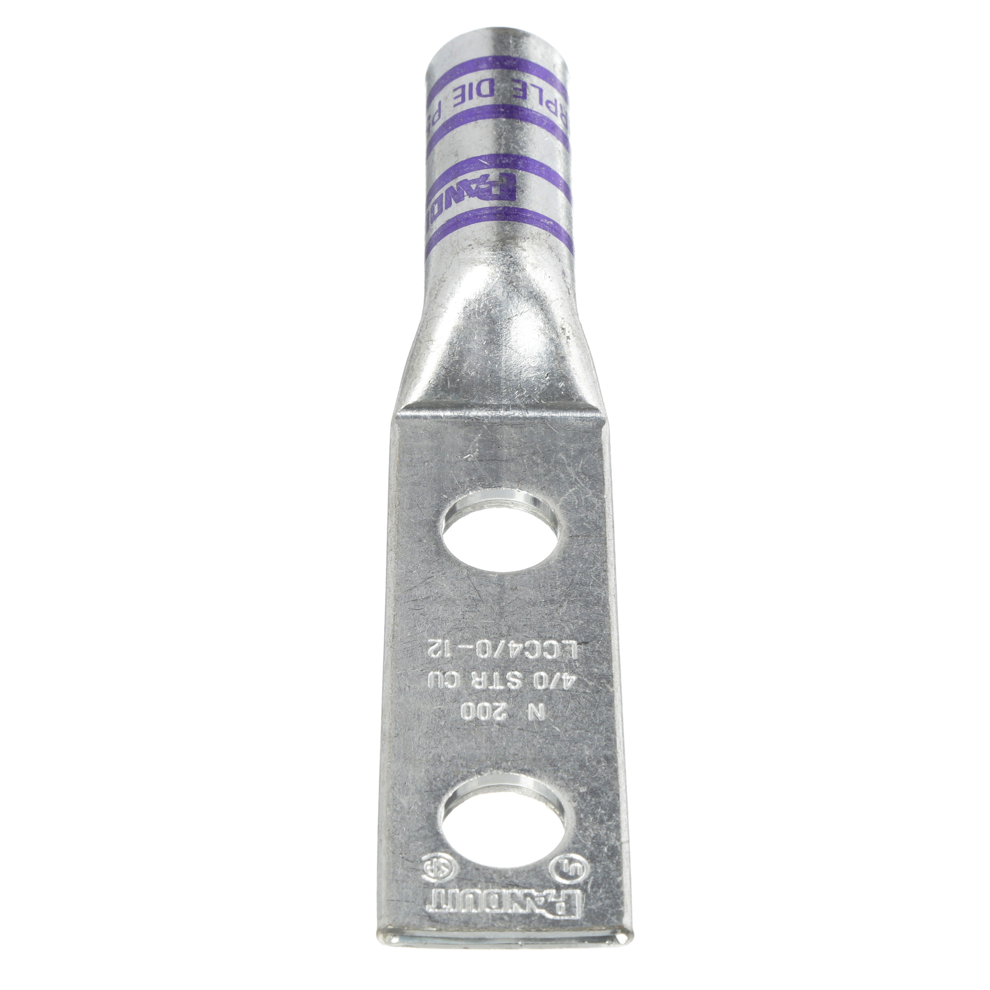 LCC4/0-12-X Pan-Lug 2-Hole Compression Connector Lug, 4/0 AWG Stranded Copper Conductor, Die Code: P54, 1/2 in Stud, Tin Plated Copper