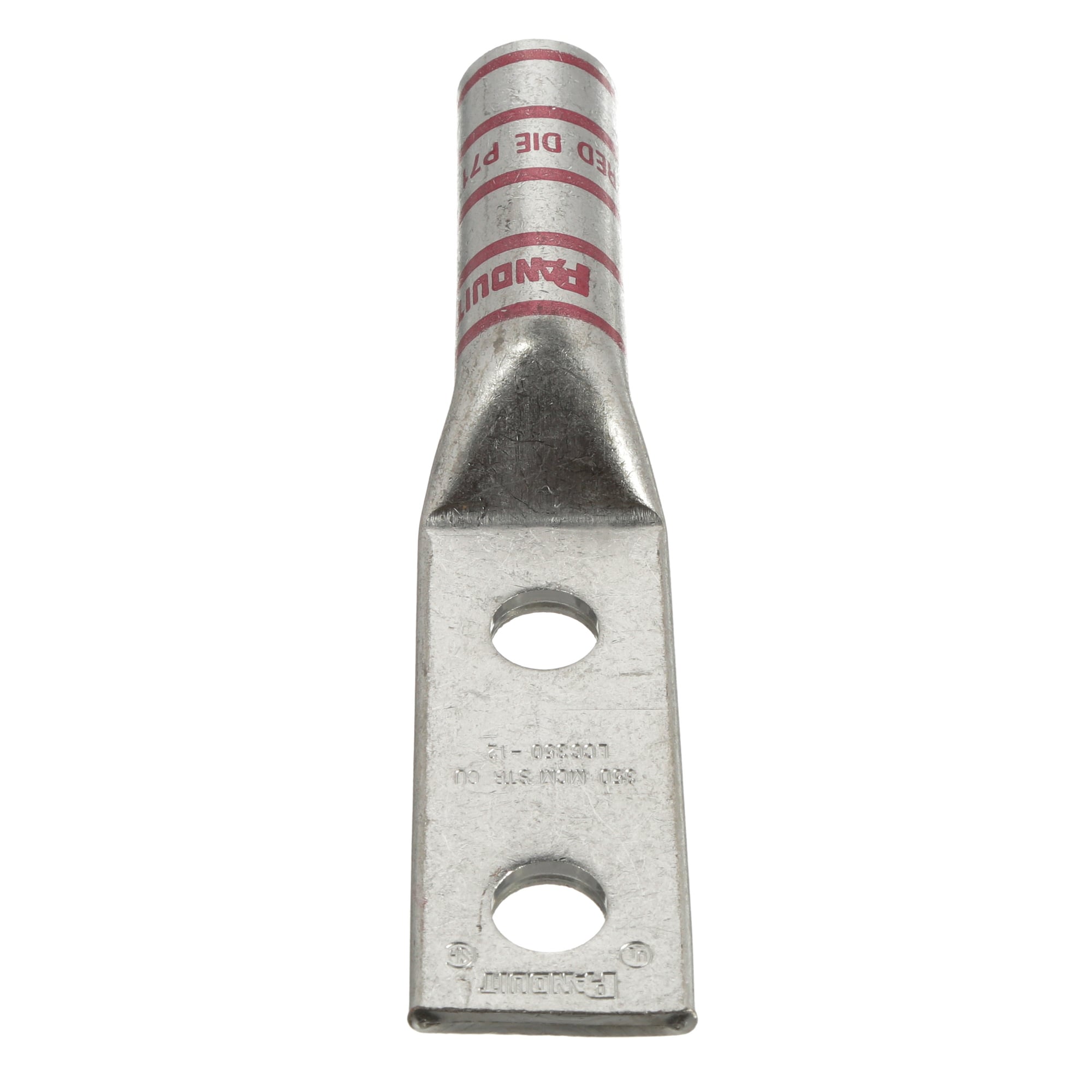 LCC350-12-X Pan-Lug 2-Hole Compression Lug Connector, 350 kcmil Stranded Copper Conductor, Die Code: P71, 1/2 in Stud, Tin Plated Copper