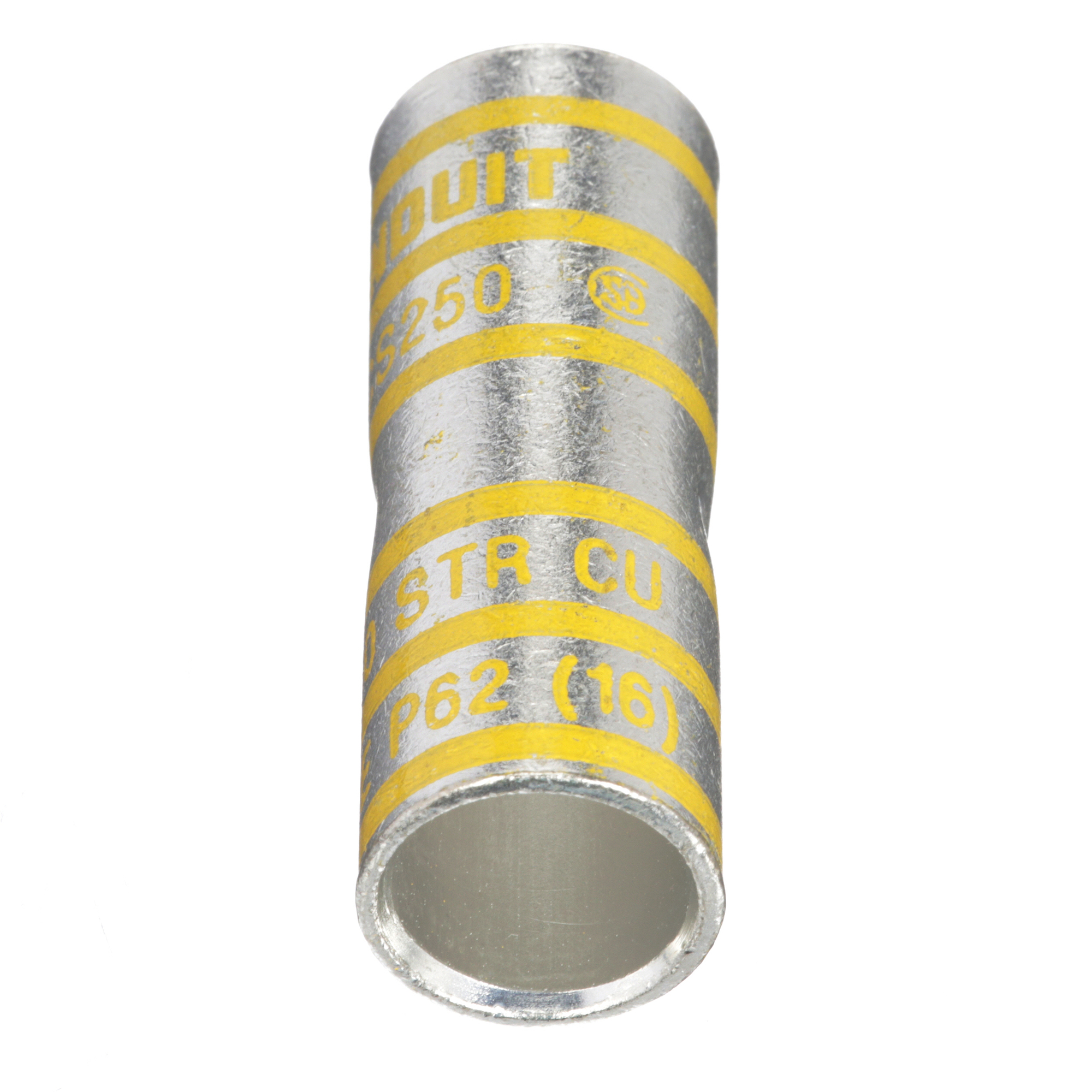 SCS250-X Pan-Lug Compression Butt Splice, 250 kcmil Conductor, 2-1/4 in L, Standard Barrel, Copper, Yellow