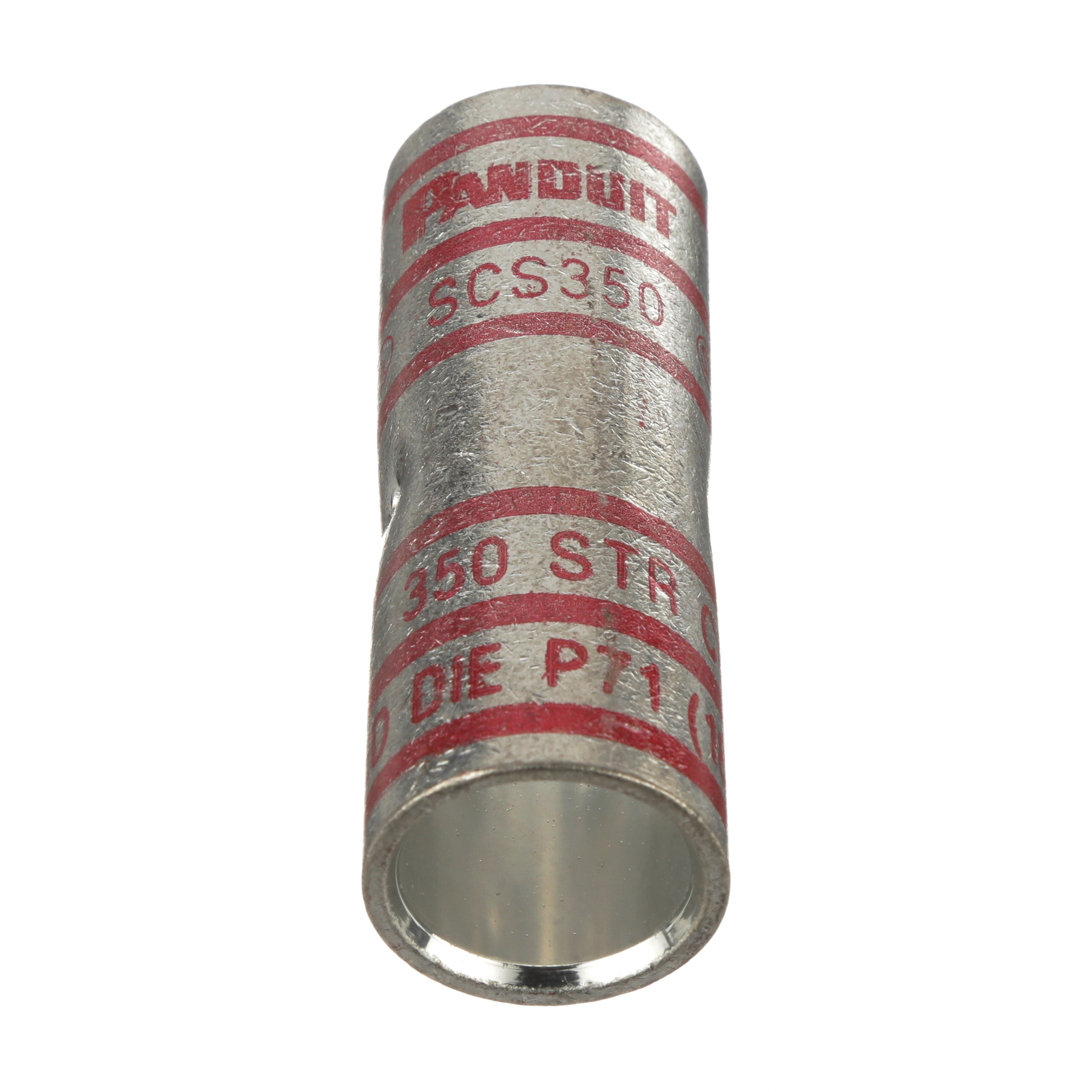 SCS350-X Pan-Lug Compression Butt Splice, 350 kcmil Conductor, 2.37 in L, Standard Barrel, Copper, Red