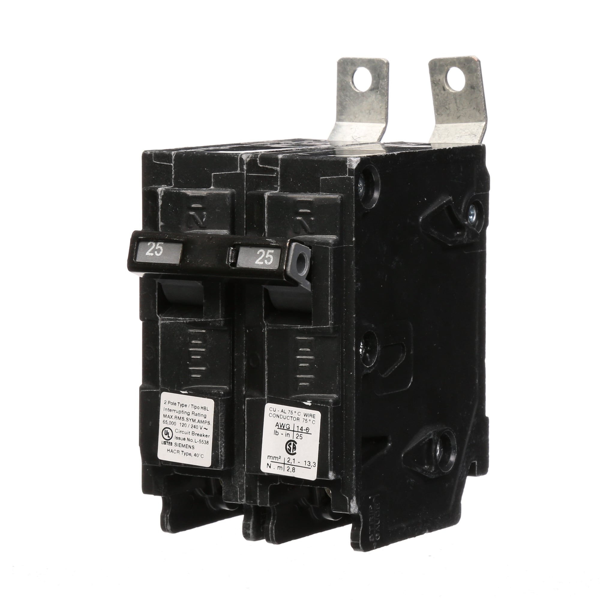 B225HH Type HBL Molded Case Circuit Breaker, 120/240 V AC, 25 A, 65 kA Interrupt, 2 Poles, Thermal Magnetic Trip