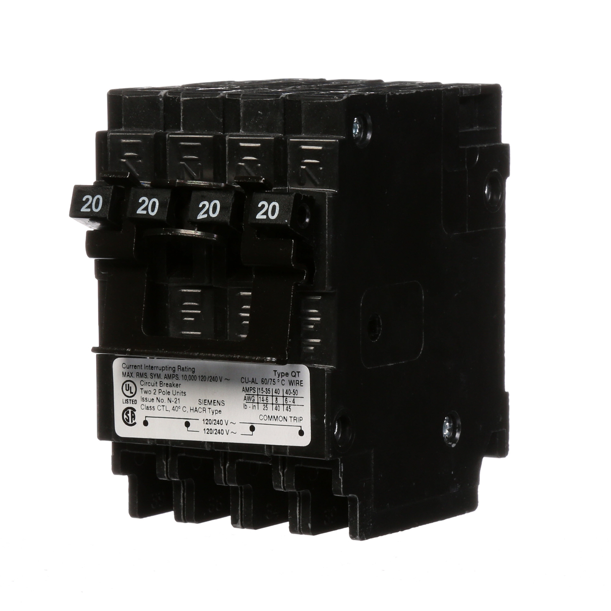 Q22020CT2 Quadplex Type QT Low Voltage Miniature Quadplex Molded Case Circuit Breaker, 120/240 V AC, 20 A, 10 kA Interrupt, 2 Poles, Thermal Magnetic Trip