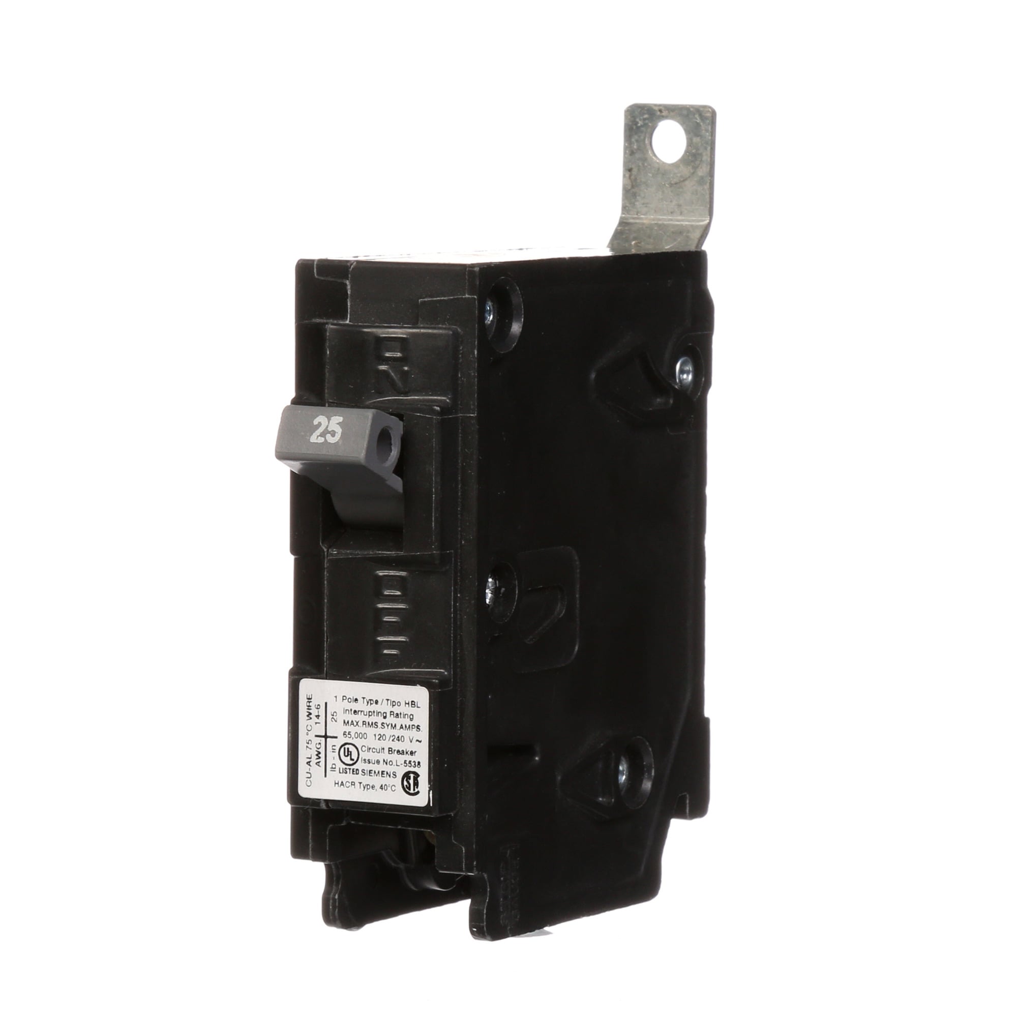 B125HH Type HBL Molded Case Circuit Breaker, 120 V AC, 25 A, 65 kA Interrupt, 1 Poles, Thermal Magnetic Trip
