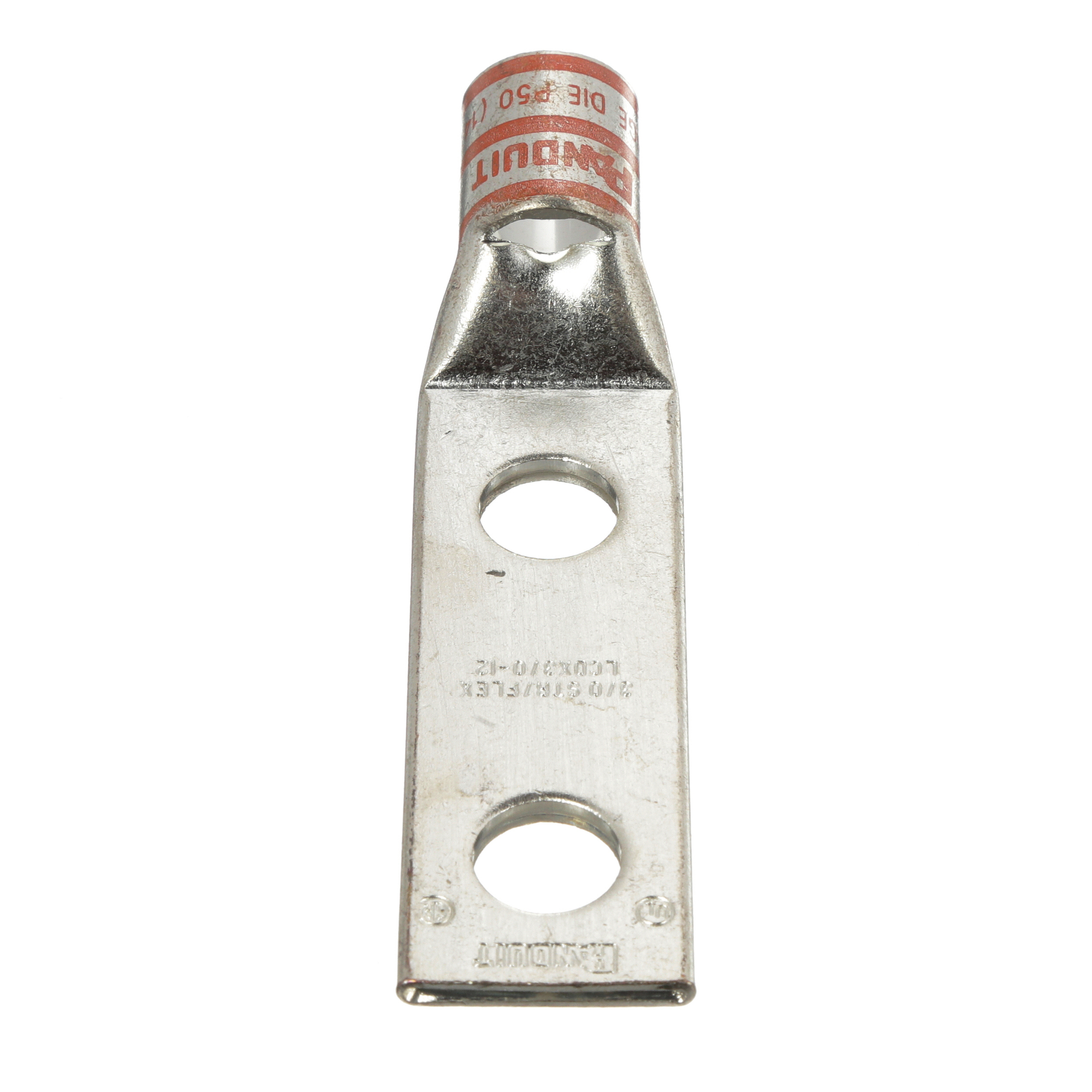 LCDX3/0-12-X Pan-Lug 2-Hole Compression Connector Lug, 3/0 AWG Flexible/Stranded Copper Conductor, Die Code: P50, 1/2 in Stud, Tin Plated Copper