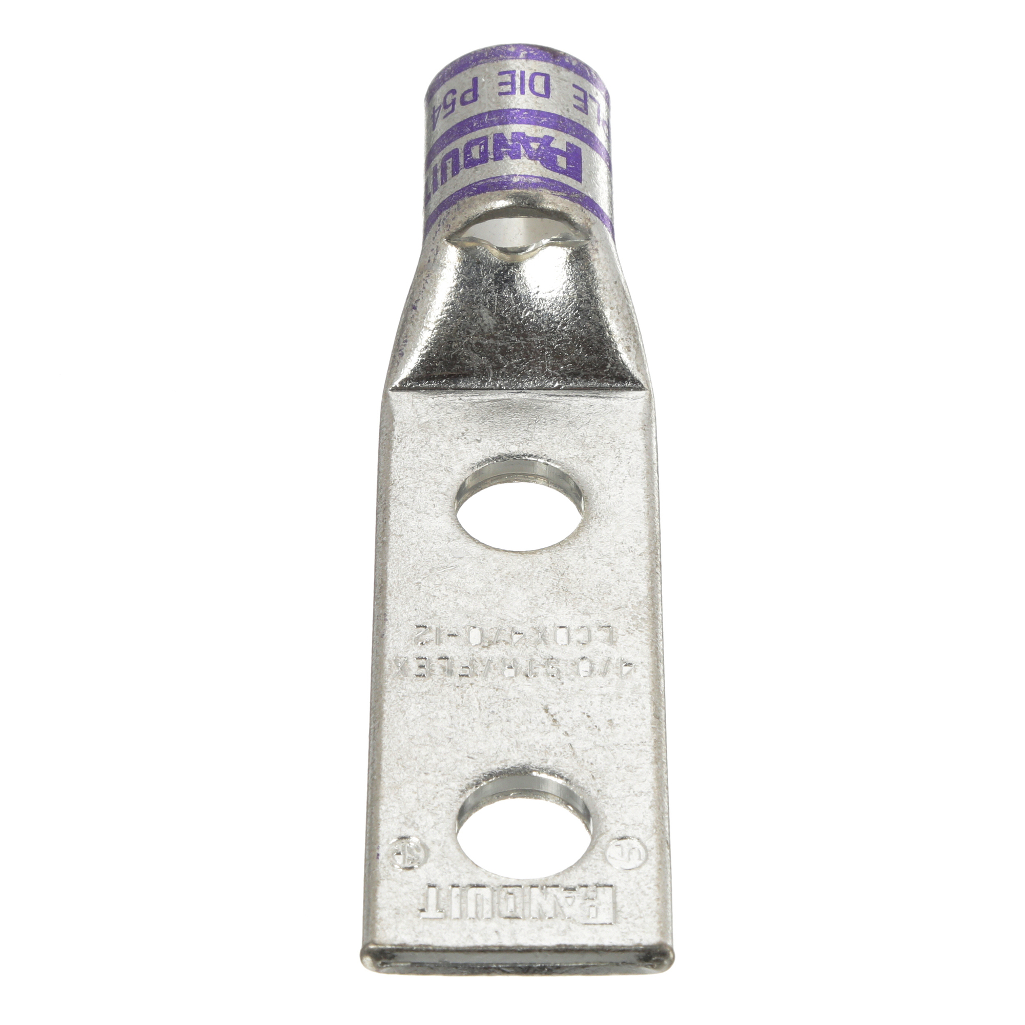 LCDX4/0-12-X Pan-Lug 2-Hole Compression Connector Lug, 4/0 AWG Extra-Flexible/Flexible/Stranded Copper Conductor, Die Code: P54, 1/2 in Stud, Tin Plated Copper