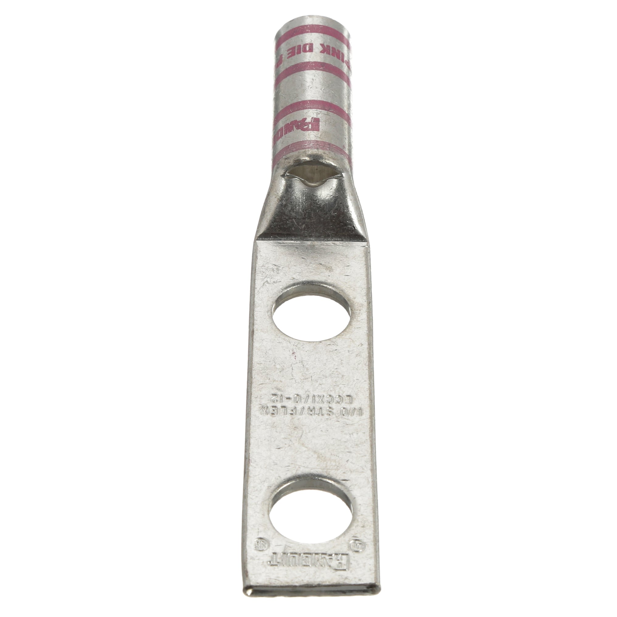 LCCX1/0-12-X Pan-Lug 2-Hole Compression Connector Lug, 1/0 AWG Extra-Flexible/Flexible/Stranded Copper Conductor, Die Code: P42, 1/2 in Stud, Tin Plated Copper