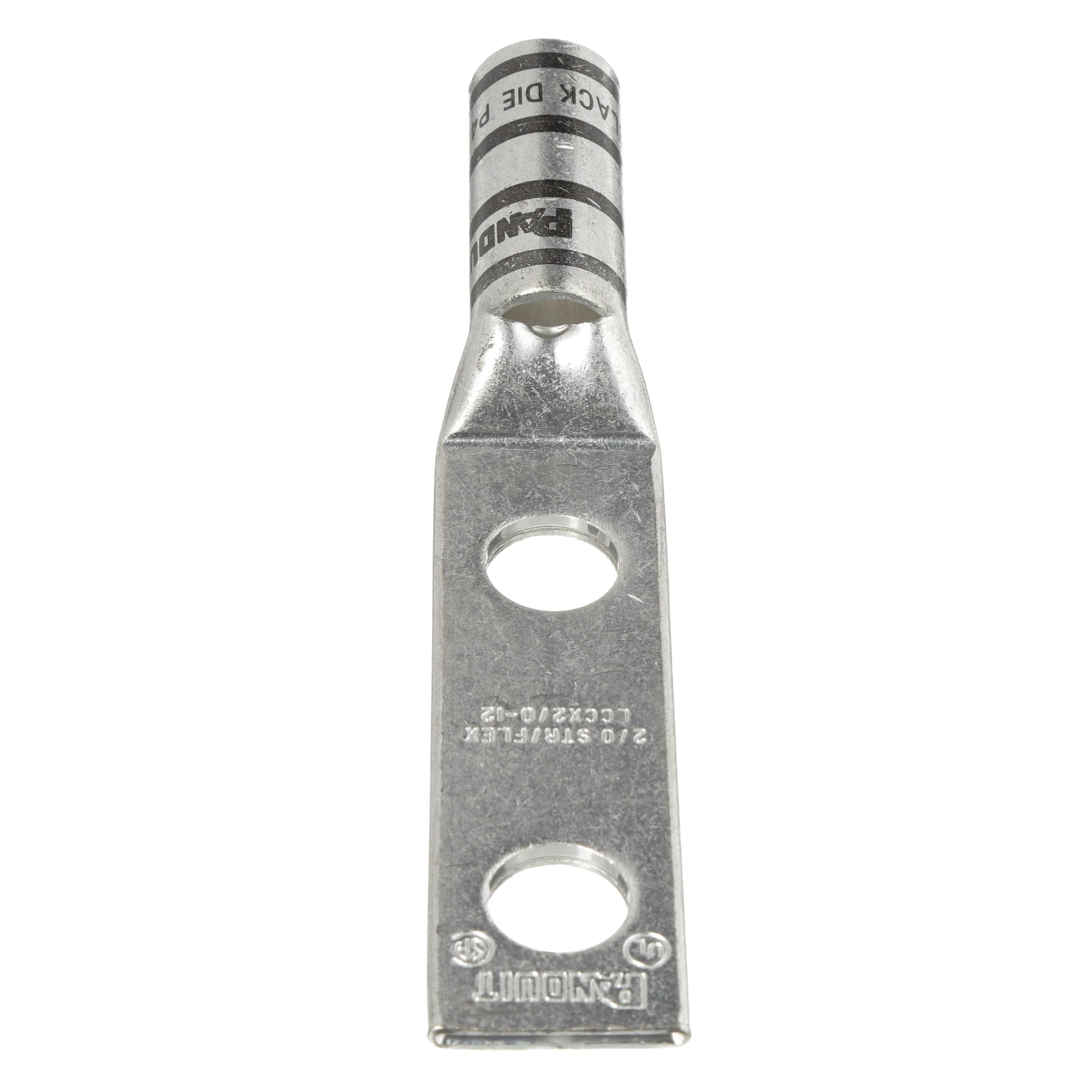 LCCX2/0-12-X Pan-Lug 2-Hole Compression Connector Lug, 2/0 AWG Extra-Flexible/Flexible/Stranded Copper Conductor, Die Code: P45, 1/2 in Stud, Tin Plated Copper