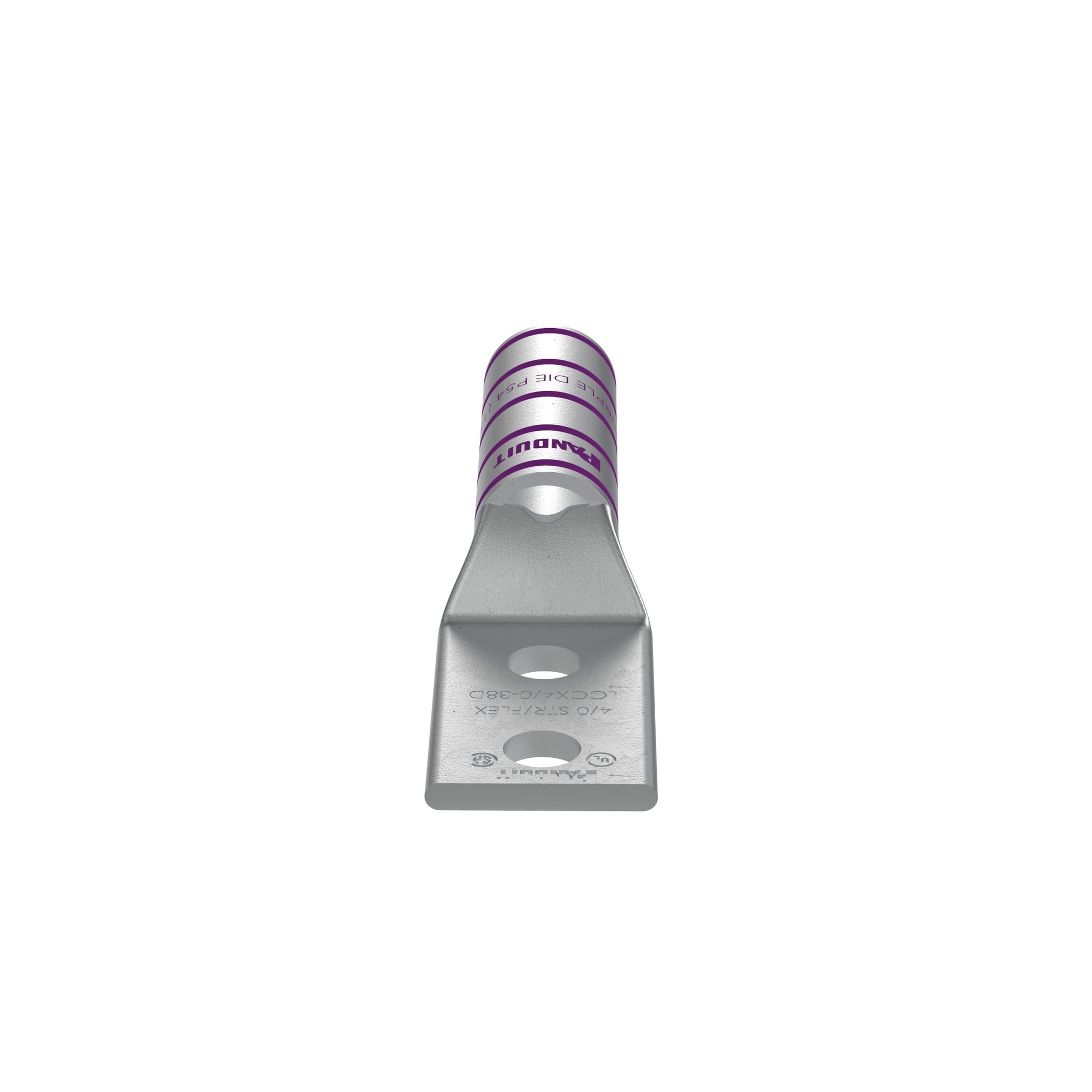 LCCX4/0-38D-X Pan-Lug 2-Hole Compression Lug Connector With Inspection Window, 4/0 AWG Flexible Copper Conductor, Die Code: P54, 3/8 in Stud, Tin Plated Copper