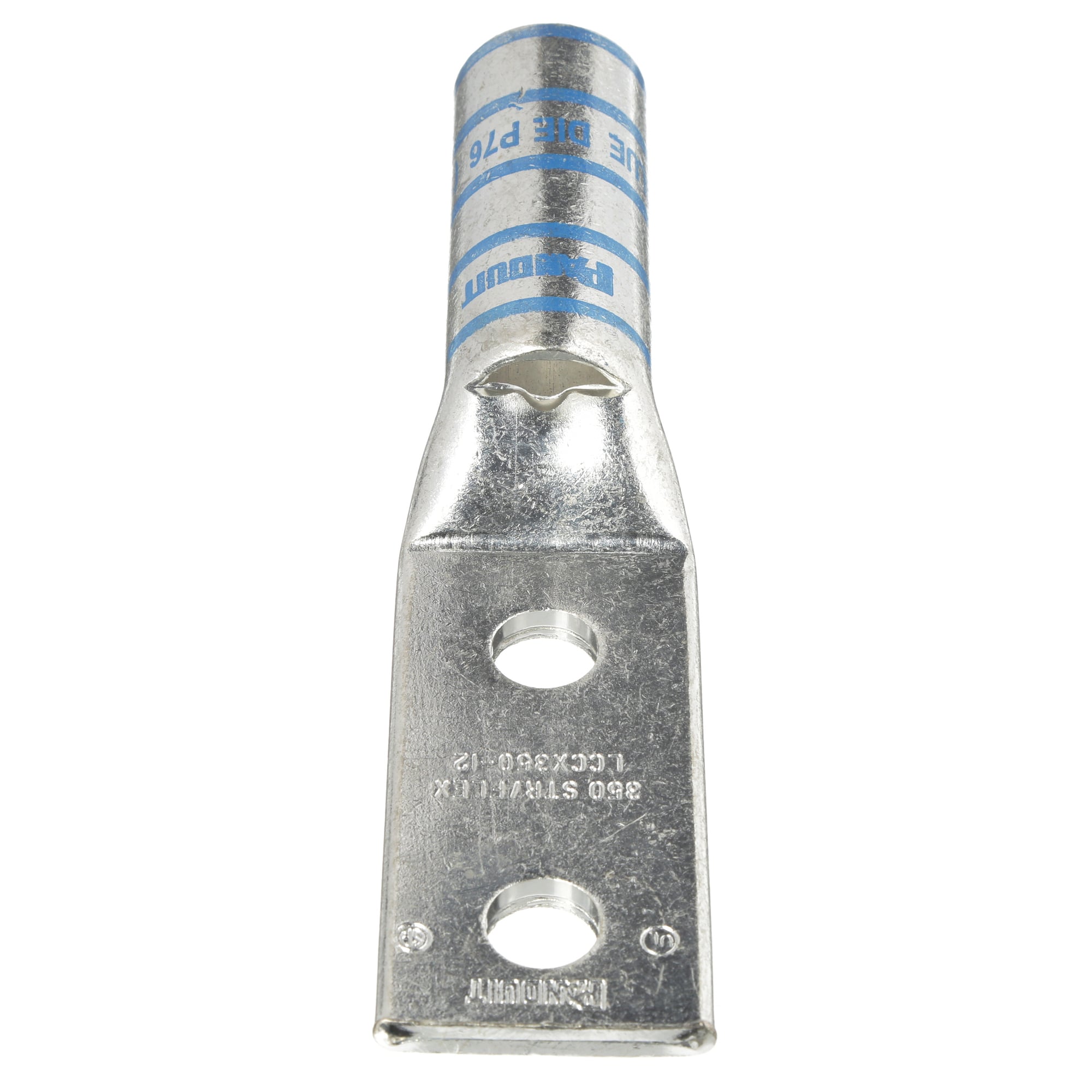 LCCX350-12-6 Pan-Lug 2-Hole Compression Lug Connector With Inspection Window, 350 kcmil, 373.7 kcmil Extra-Flexible/Flexible/Stranded Copper Conductor, Die Code: P76, 1/2 in Stud, Tin Plated Copper