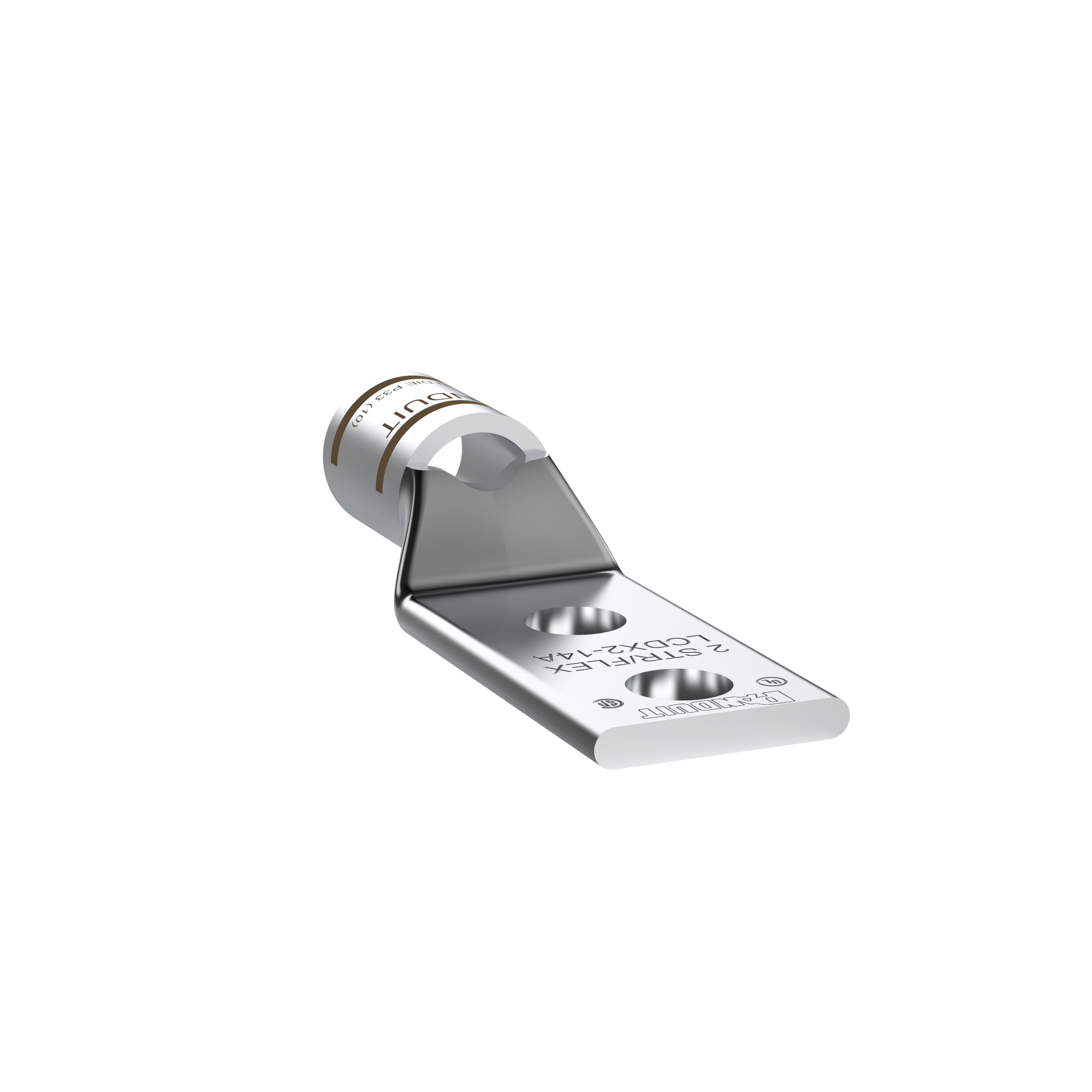 LCDX2-14A-E Pan-Lug 2-Hole Compression Lug Connector With Inspection Window, 2 AWG Extra-Flexible/Flexible/Stranded Copper Conductor, Die Code: P33, 1/4 in Stud, Tin Plated Copper