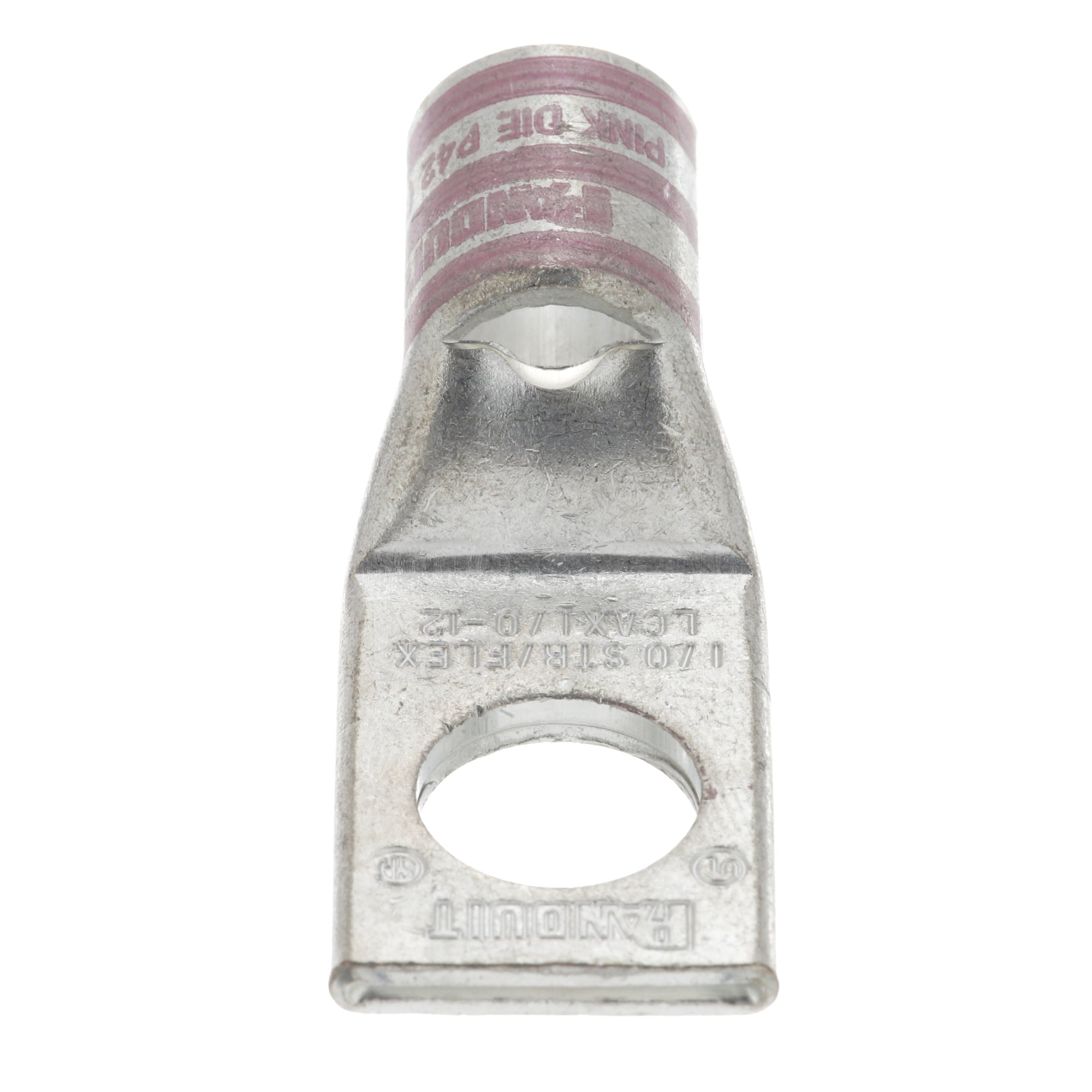 LCAX1/0-12-X Pan-Lug 1-Hole Compression Lug Connector With Inspection Window, 1/0 AWG Flexible Copper Conductor, Die Code: P42, 1/2 in Stud, Tin Plated Copper