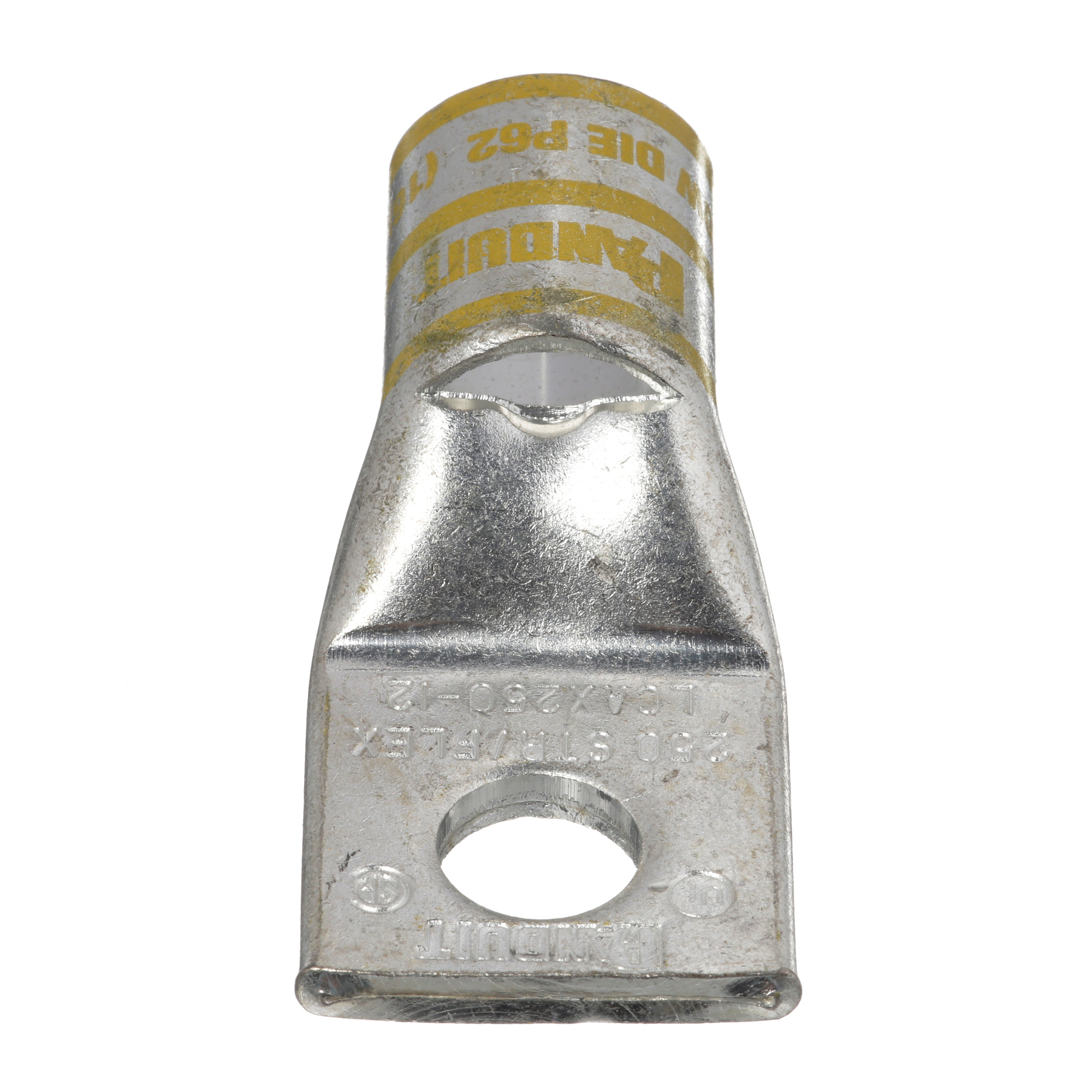 LCAX250-12-X Pan-Lug 1-Hole Compression Lug Connector With Inspection Window, 250 kcmil, 262.6 kcmil Flexible Copper Conductor, Die Code: P62, 1/2 in Stud, Copper