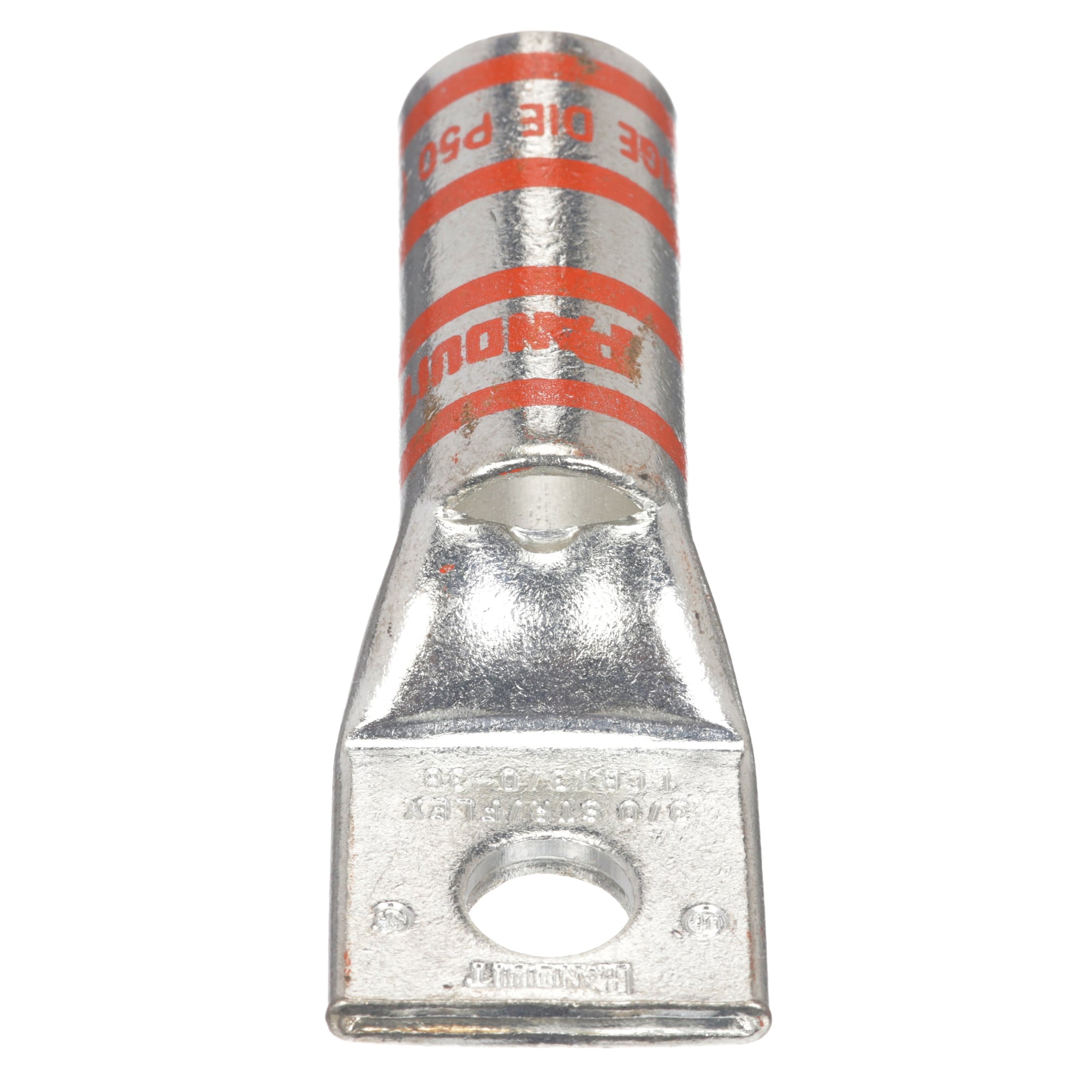 LCBX3/0-38-X Pan-Lug 1-Hole Compression Connector Lug, 3/0 AWG Flexible Copper Conductor, Die Code: P50, 42.95 in Stud, Tin Plated Copper