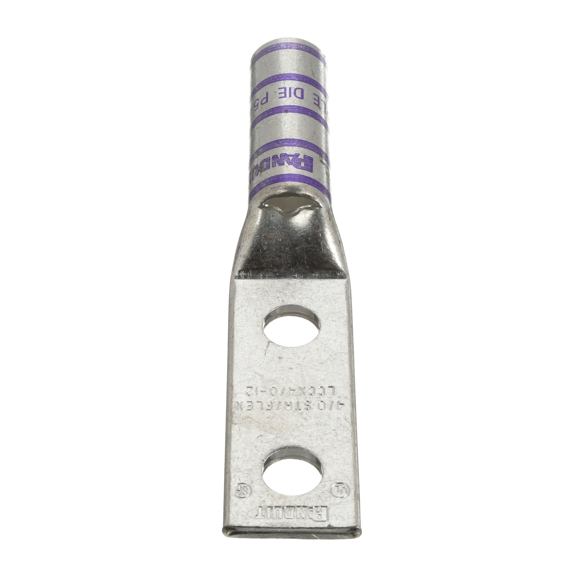 LCCX4/0-12-X Pan-Lug 2-Hole Compression Connector Lug With Inspection Window, 4/0 AWG Flexible Copper Conductor, Die Code: P54, 1/2 in Stud, Tin Plated Copper