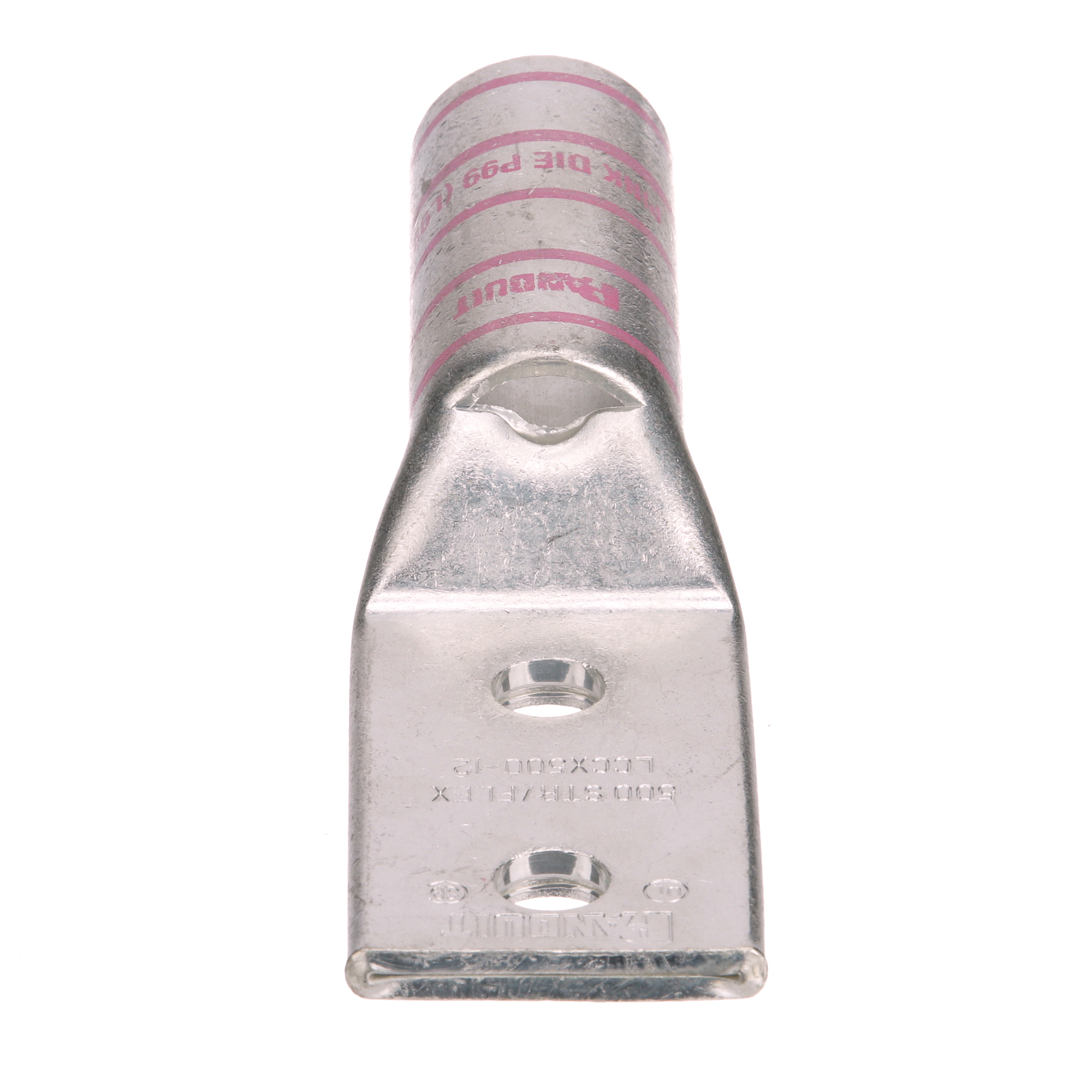 LCCX500-12-6 Pan-Lug 2-Hole Compression Connector Lug With Inspection Window, 500 kcmil, 535.3 kcmil Extra-Flexible/Flexible/Stranded Copper Conductor, Die Code: P99, 1/2 in Stud, Tin Plated Copper