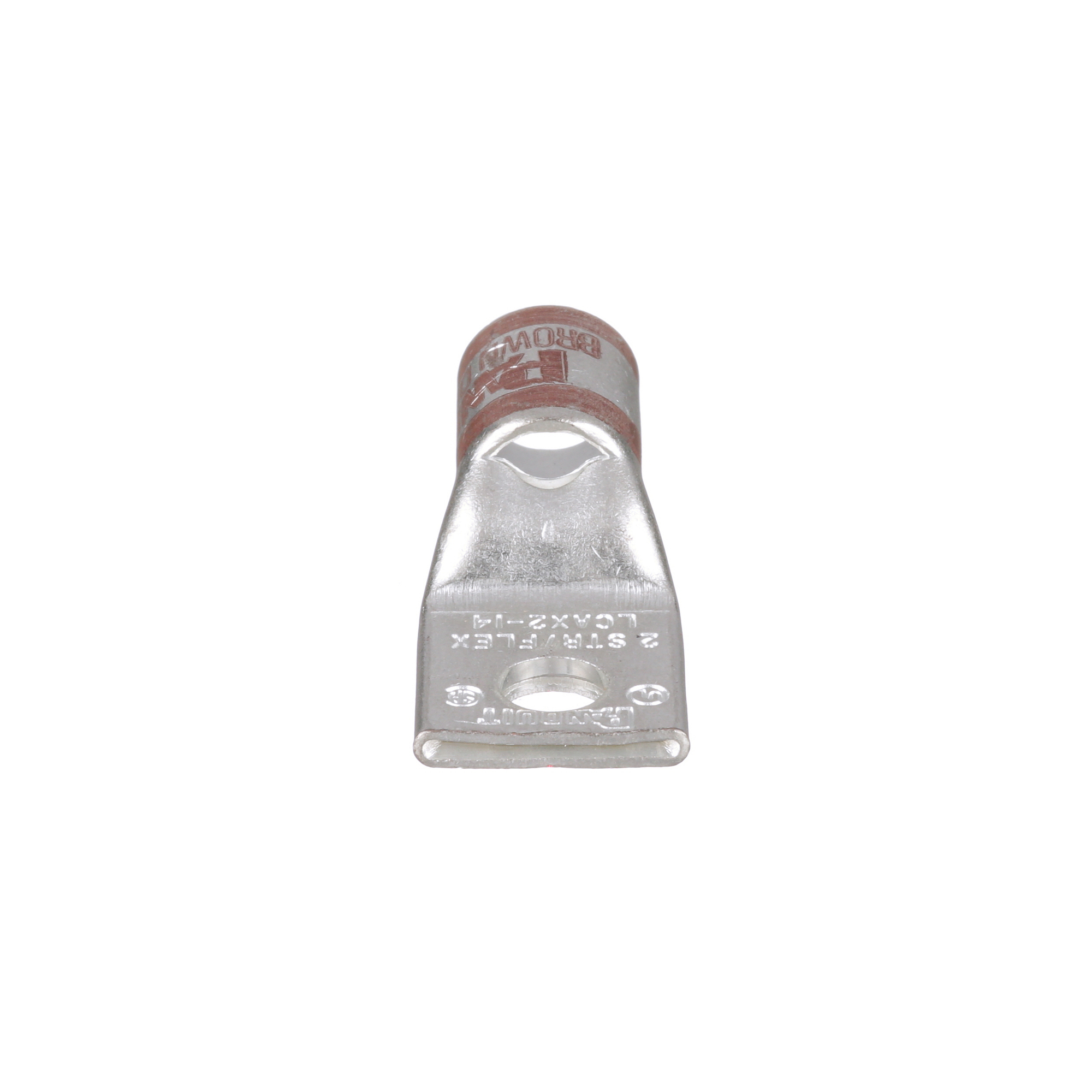 LCAX2-14-E Pan-Lug 1-Hole Compression Lug Connector With Inspection Window, 2 AWG Flexible Copper Conductor, Die Code: P33, 1/4 in Stud, Tin Plated Copper