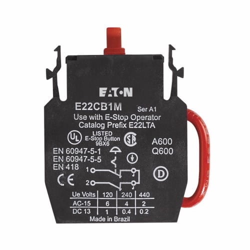 E22CB1 Heavy Duty Non-Metallic Special Function Contact Block, 22.5 mm, 1NC Contact, 10 A at 600 V AC, 2.5 A at 600 V DC Contact, Silver Contact