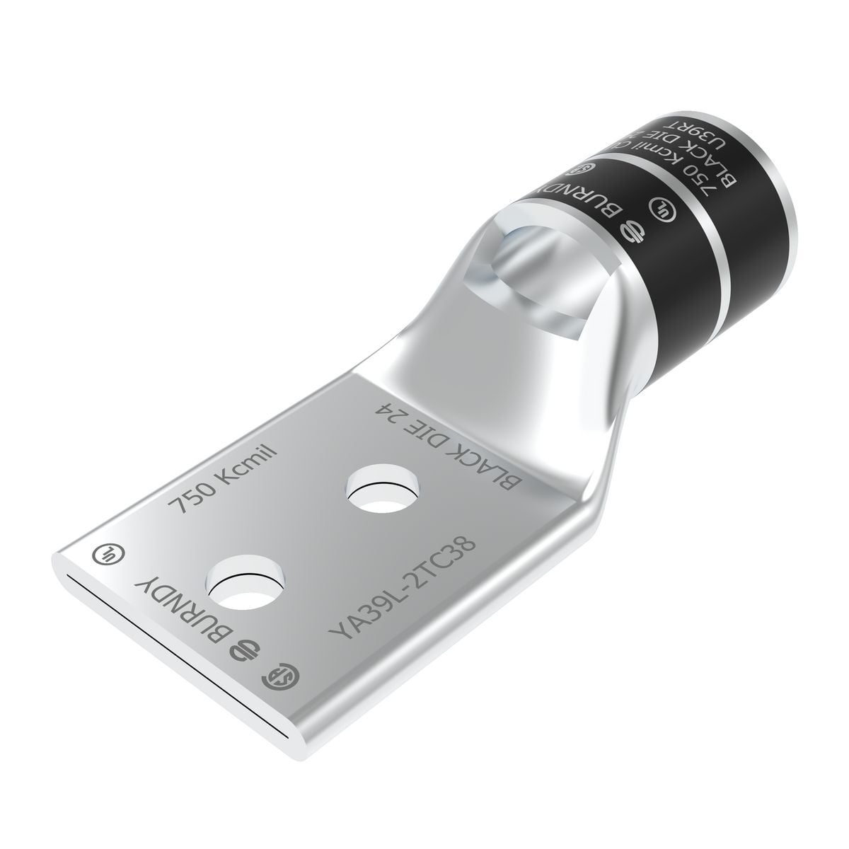 YA39L2TC38 YA-L-2TC 2-Hole Compression Lug With Inspection Window, 750 kcmil Stranded Copper Conductor, Die Code: 24, 3/8 in Stud, Electro Plated Tin Copper