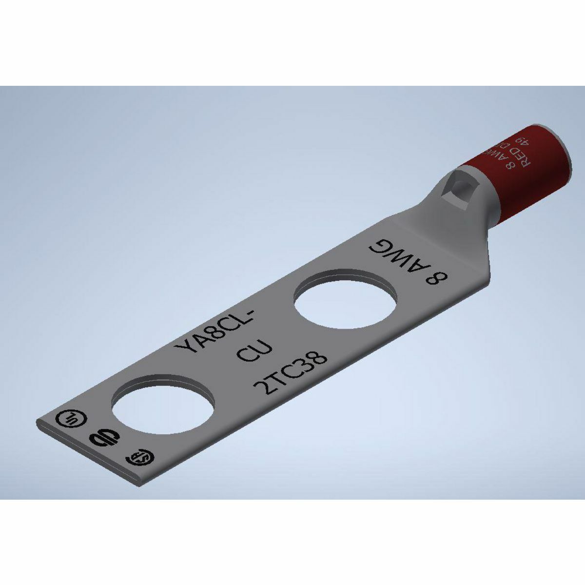 YA8CL2TC38 YA-L-2TC 2-Hole Compression Lug With Inspection Window, 8 AWG Solid/Stranded Copper Conductor, Die Code: 49, 3/8 in Stud, Tin Plated Copper