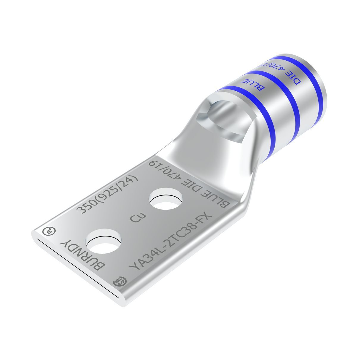 YA34L2TC38FX YA-L-2TC-FX 2-Hole Compression Lug With Inspection Window, 373.7 kcmil Flexible Copper Conductor, Die Code: 19, 3/8 in Stud, Copper