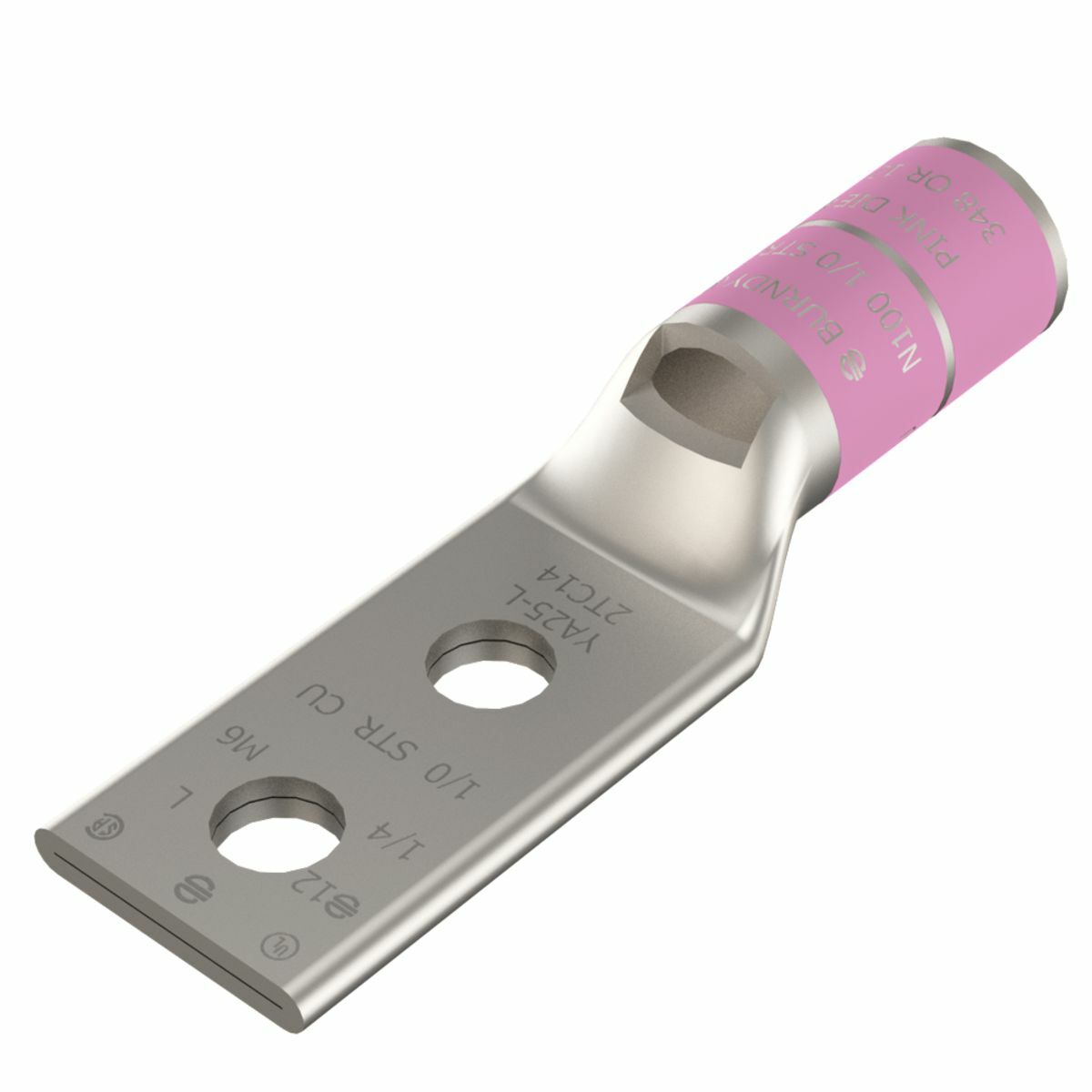 YA25L2TC14 YA-L-2TC 2-Hole Compression Lug With Inspection Window, 1/0 AWG Stranded Copper Conductor, Die Code: 12, 1/4 in Stud, Electro Plated Tin Copper