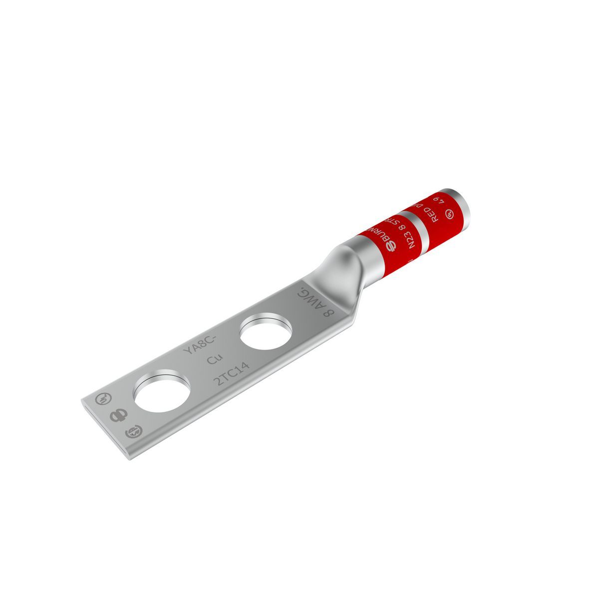 YA8C2TC14 YA-2TC 2-Hole Compression Lug, 8 AWG Solid/Stranded Copper Conductor, Die Code: 49, 1/4 in Stud, Tin Plated Copper