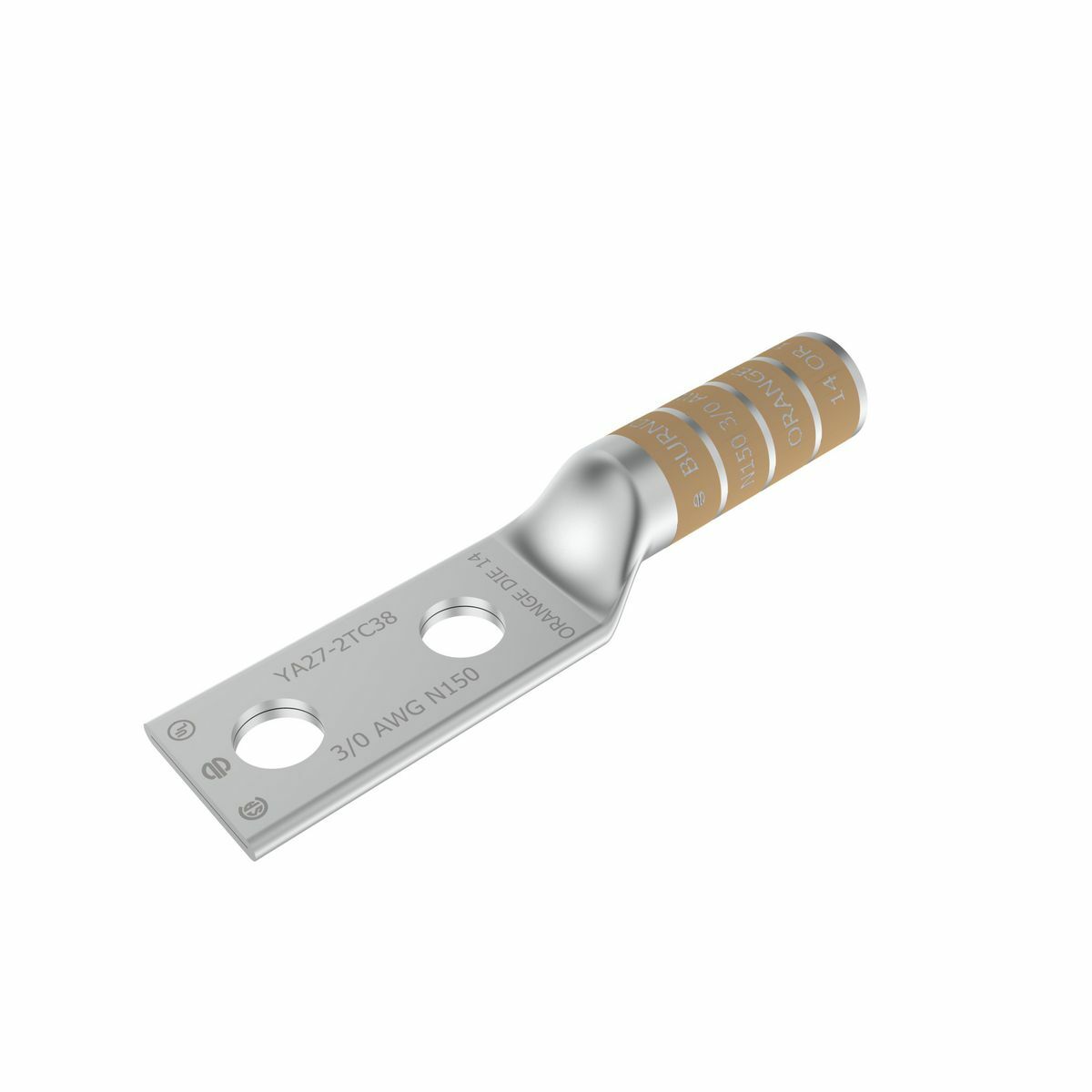 YA272TC38 YA-2TC 2-Hole Compression Lug, 3/0 AWG Solid/Stranded Copper Conductor, Die Code: 14, 3/8 in Stud, Tin Plated Copper