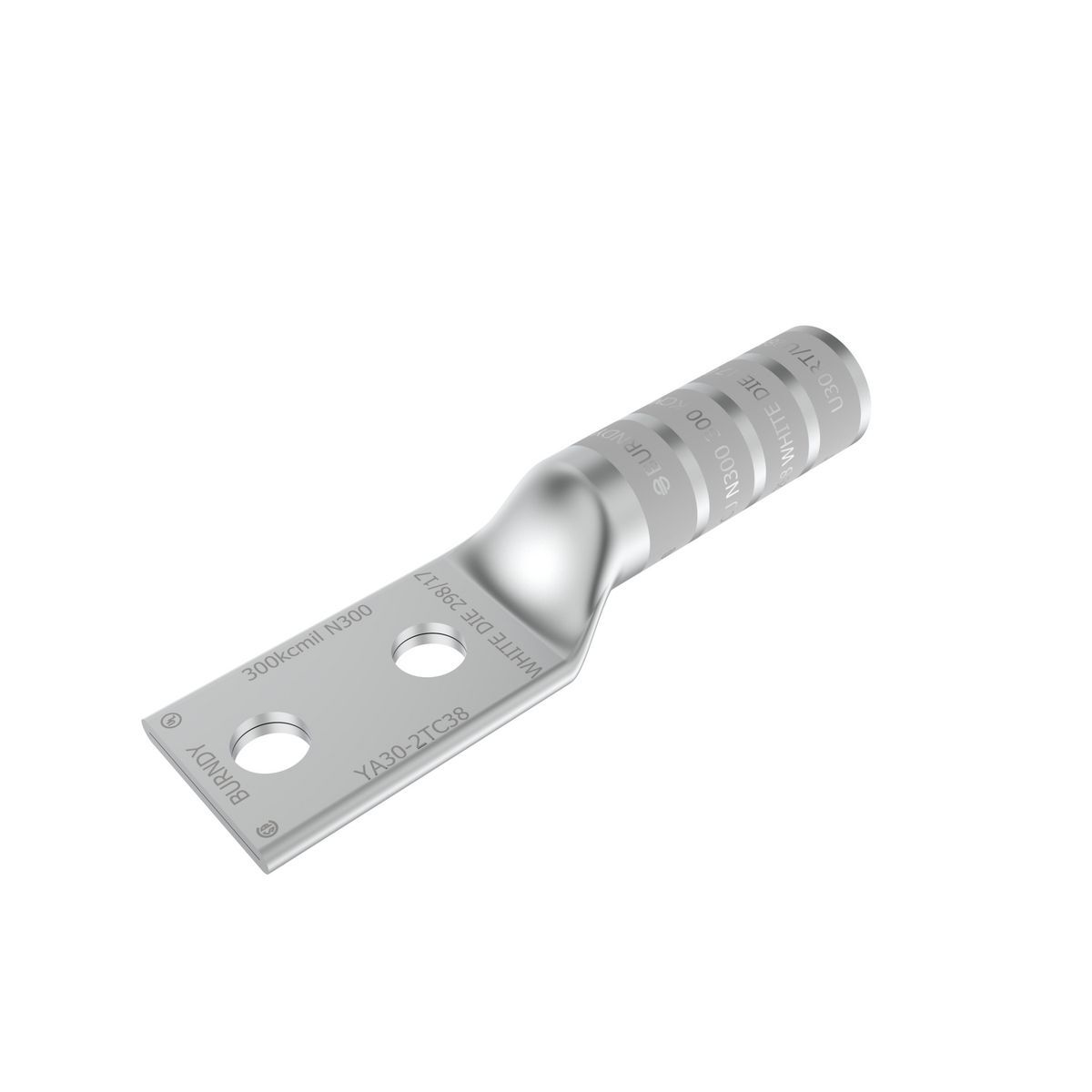YA302TC38 YA-2TC 2-Hole Compression Lug, 300 kcmil Stranded Copper Conductor, Die Code: 17/298, 3/8 in Stud, Tin Plated Copper