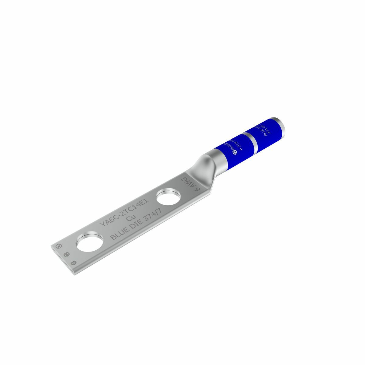 YA6C2TC14E1 YA-2TC 2-Hole Compression Lug, 6 AWG Aluminum/Stranded Copper Conductor, Die Code: 7, 1/4 in Stud, Tin Plated Copper