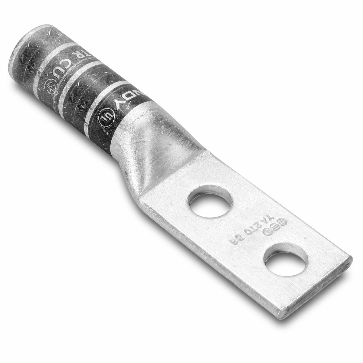 YA2C2TC14E1 YA-2TC 2-Hole Compression Lug, 2 AWG Solid/Stranded Copper Conductor, Die Code: 10, 1/4 in Stud, Tin Plated Copper