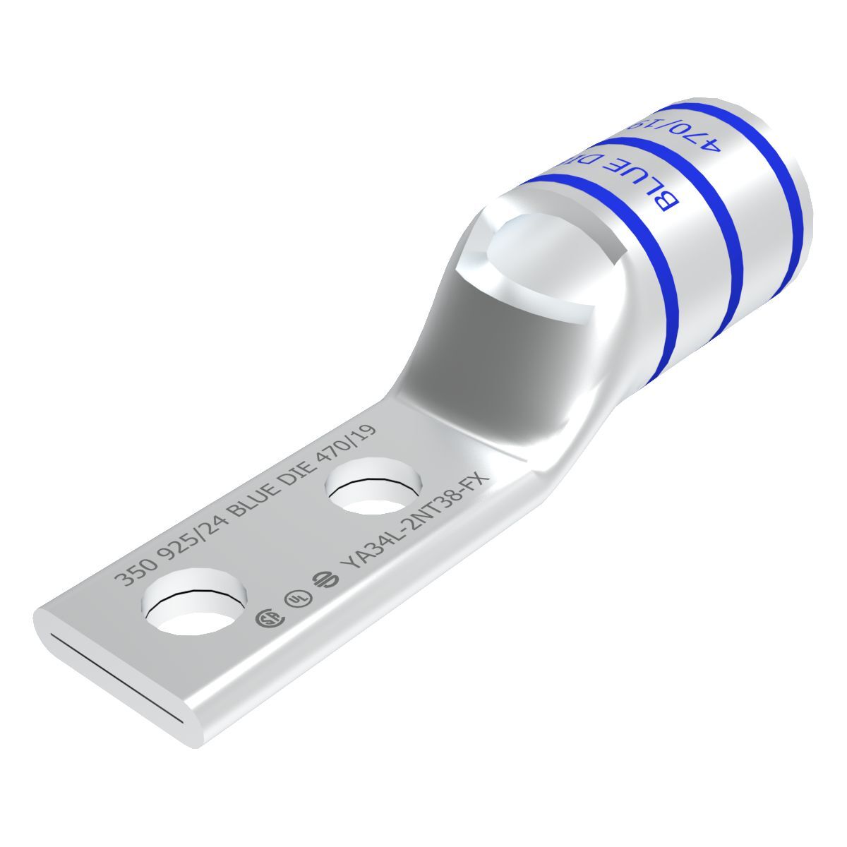 YA34L2NT38FX YA-L-2TC-FX 2-Hole Compression Lug With Inspection Window, 373.7 kcmil Flexible Copper Conductor, Die Code: 19, 3/8 in Stud, Copper